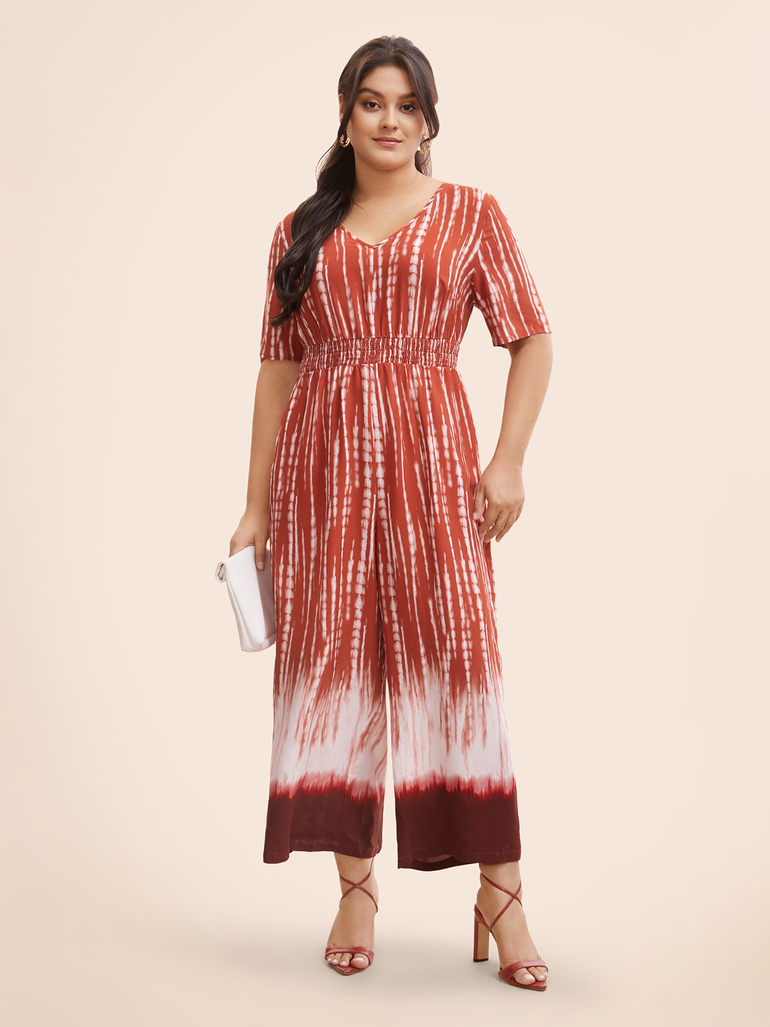 Plus Size Multicolor V Neck Gradient Dyeing Shirred Jumpsuit Women At the Office Half Sleeve V-neck Work Loose Jumpsuits BloomChic 10/M 
