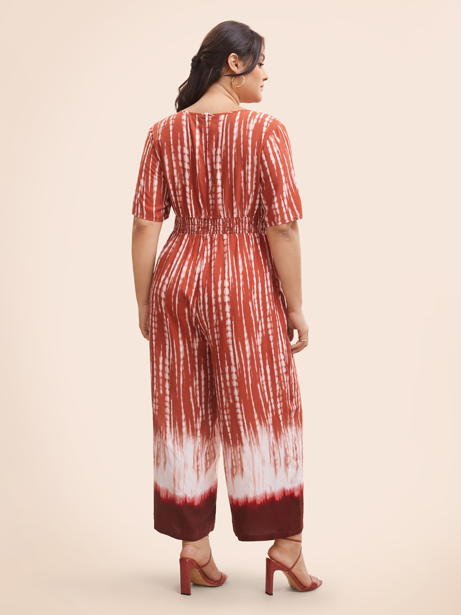 Plus Size Multicolor V Neck Gradient Dyeing Shirred Jumpsuit Women At the Office Half Sleeve V-neck Work Loose Jumpsuits BloomChic 10/M 