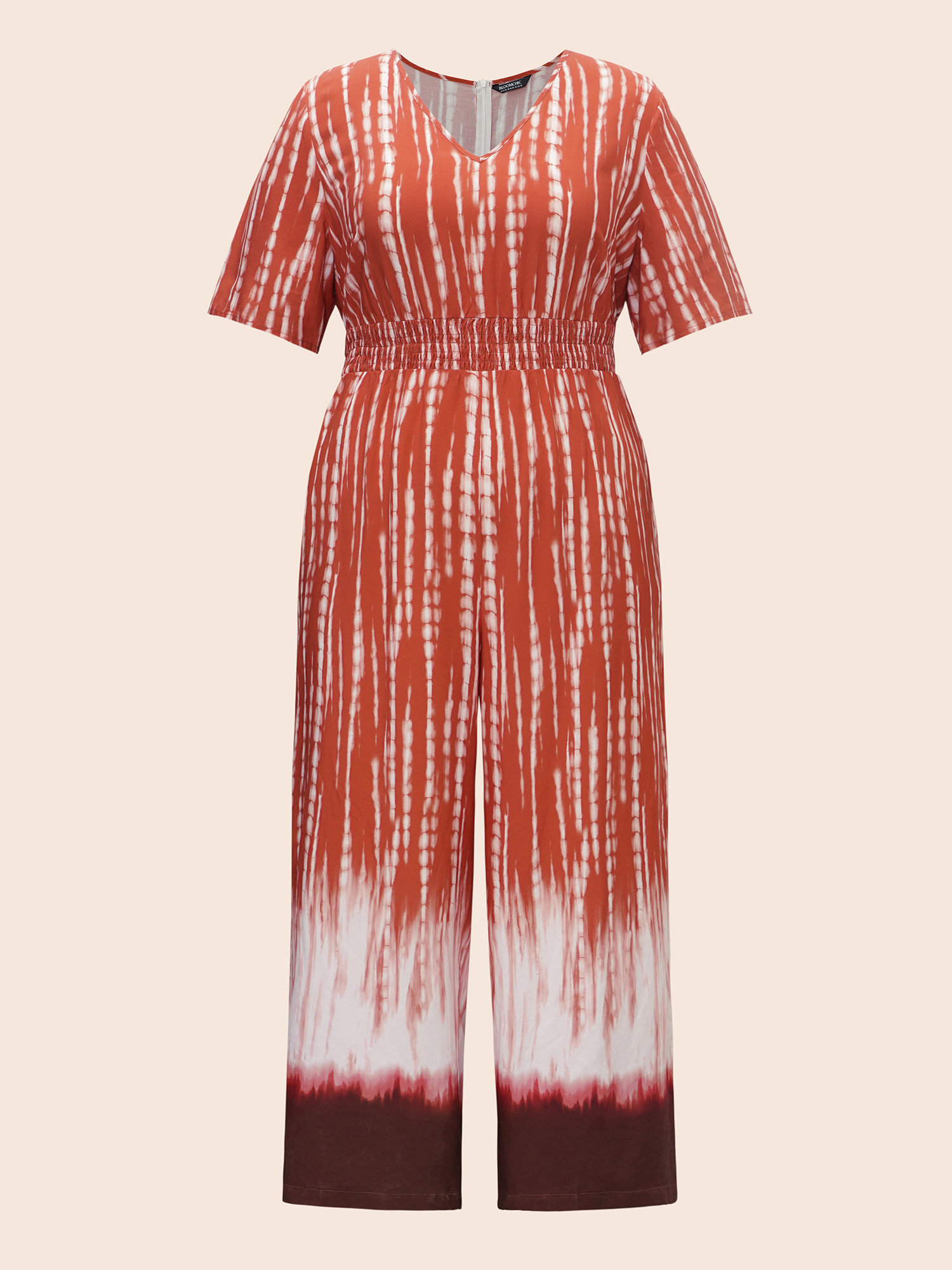 Plus Size Multicolor V Neck Gradient Dyeing Shirred Jumpsuit Women At the Office Half Sleeve V-neck Work Loose Jumpsuits BloomChic 10/M 