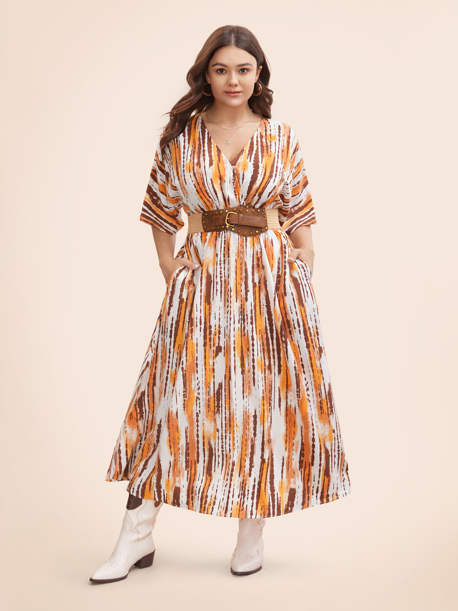 

Plus Size Striped Overlap Collar Shirred Maxi Dress Amber Women Resort Shirred Overlap Collar Half Sleeve Curvy BloomChic