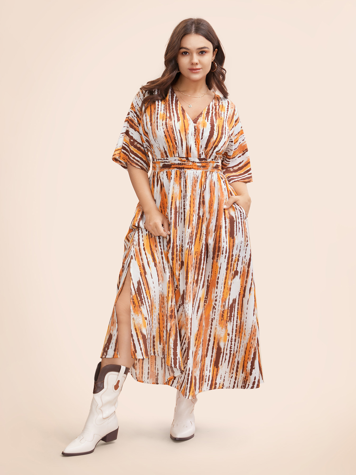 

Plus Size Striped Overlap Collar Shirred Maxi Dress Amber Women Resort Shirred Overlap Collar Half Sleeve Curvy BloomChic