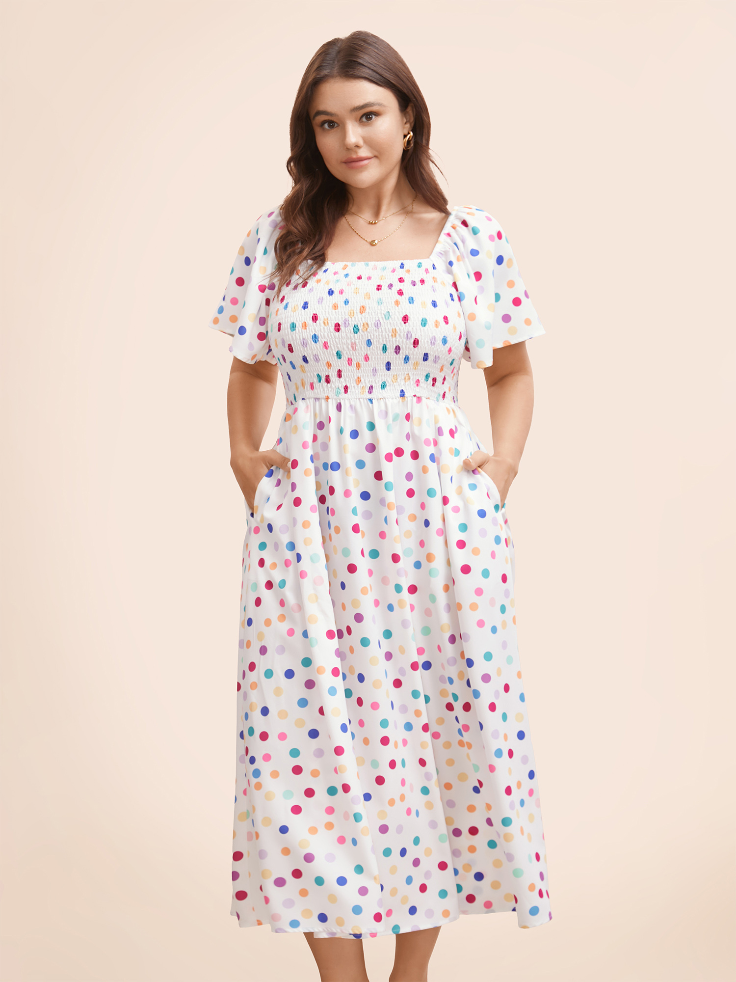 

Plus Size Floral Backless Shirred Square Neck Pocket Ruffle Hem Dress Originalwhite Women Elegant Non Square Neck Short sleeve Curvy Midi Dress BloomChic