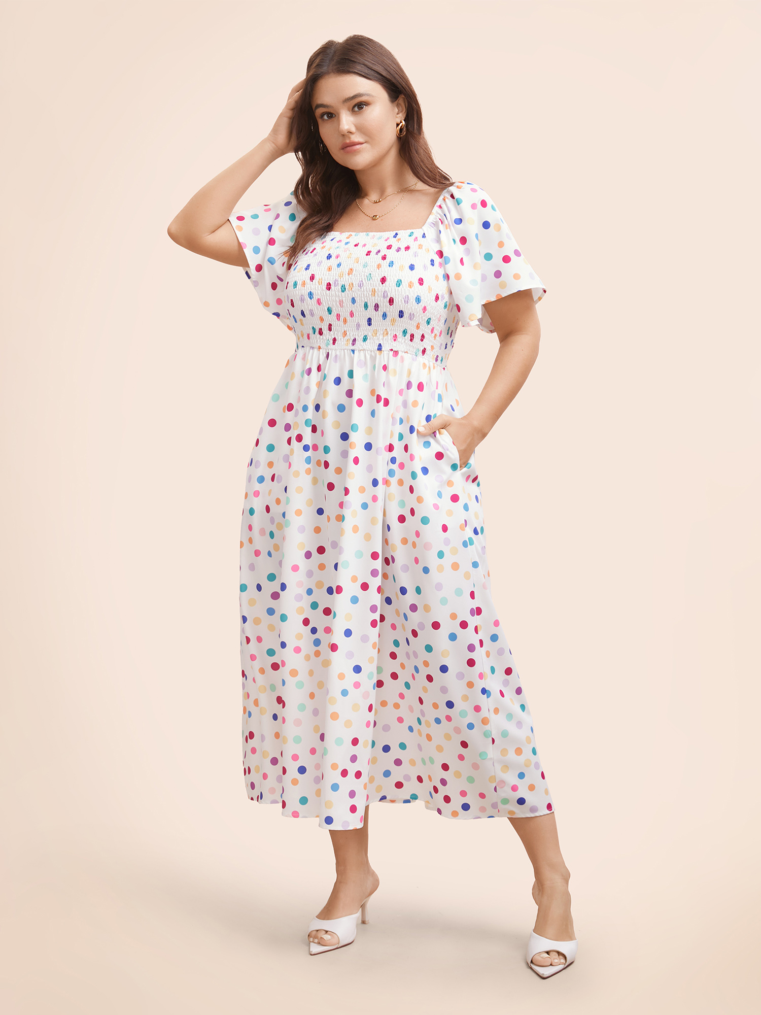 

Plus Size Floral Backless Shirred Square Neck Pocket Ruffle Hem Dress Originalwhite Women Elegant Non Square Neck Short sleeve Curvy Midi Dress BloomChic