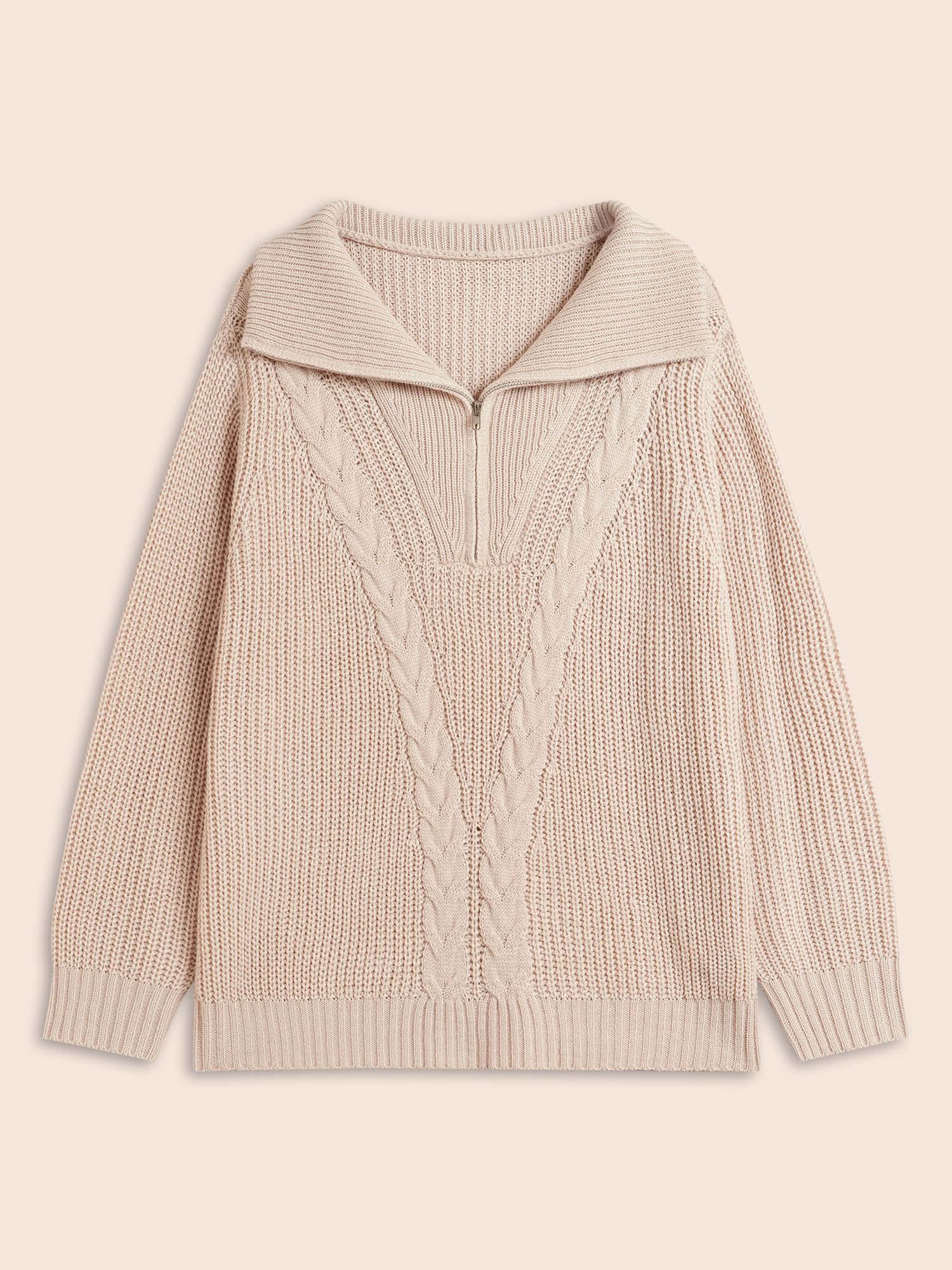 

Plus Size Lapel Collar Half Zip Cable Knit Pullover Apricot Women Casual Long Sleeve Lapel Collar Everyday Pullovers BloomChic