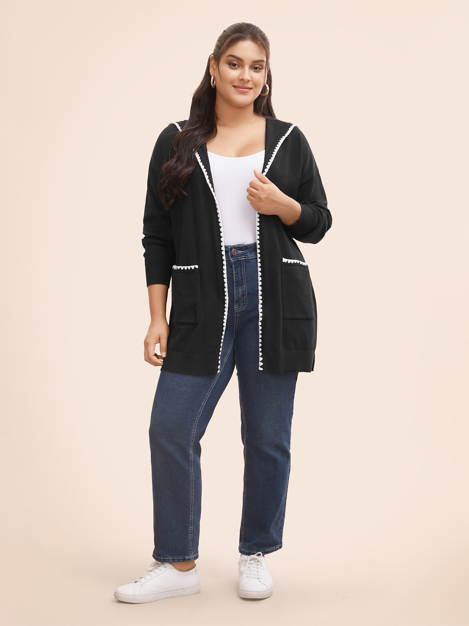 Plus Size Supersoft Essentials Contrast Trim Hooded Cardigan Black Women Casual Loose Long Sleeve Everyday Cardigans BloomChic 18-20/2X 