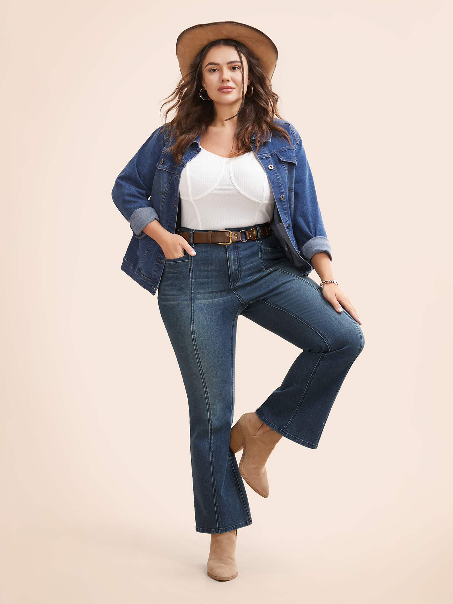 

Plus Size Stretch Denim Seamed Flare Jeans Women Denimblue Casual Button Medium stretch Slanted pocket Jeans BloomChic