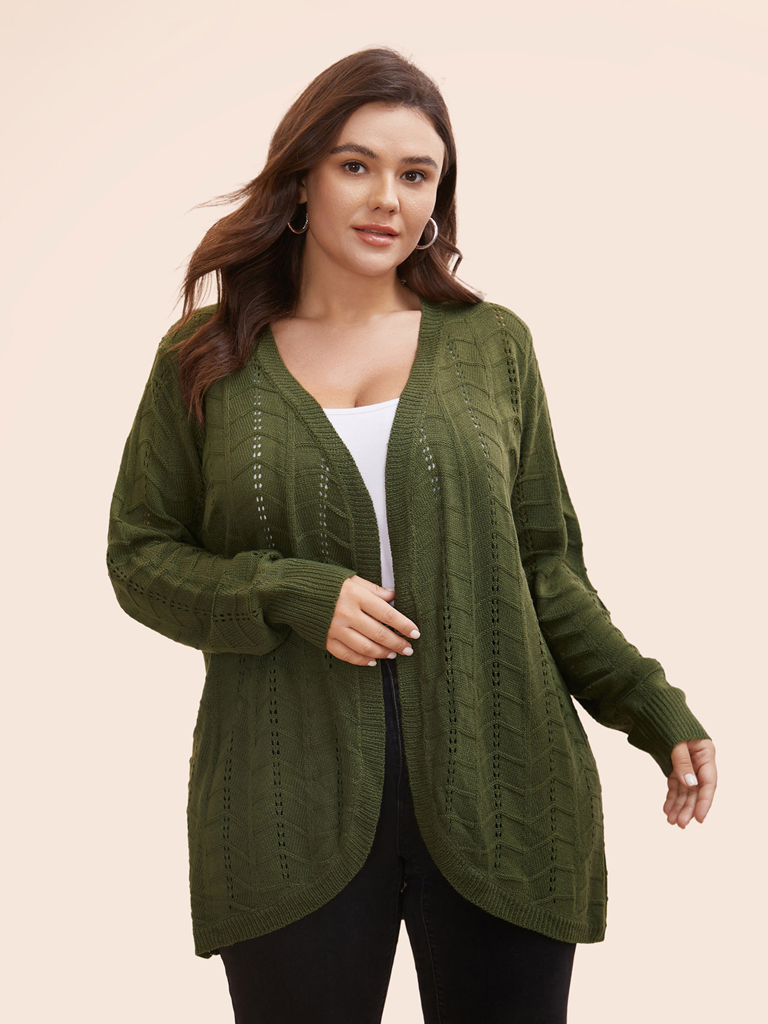 

Plus Size Solid Textured Curved Hem Cardigan ArmyGreen Women Casual Loose Long Sleeve Everyday Cardigans BloomChic