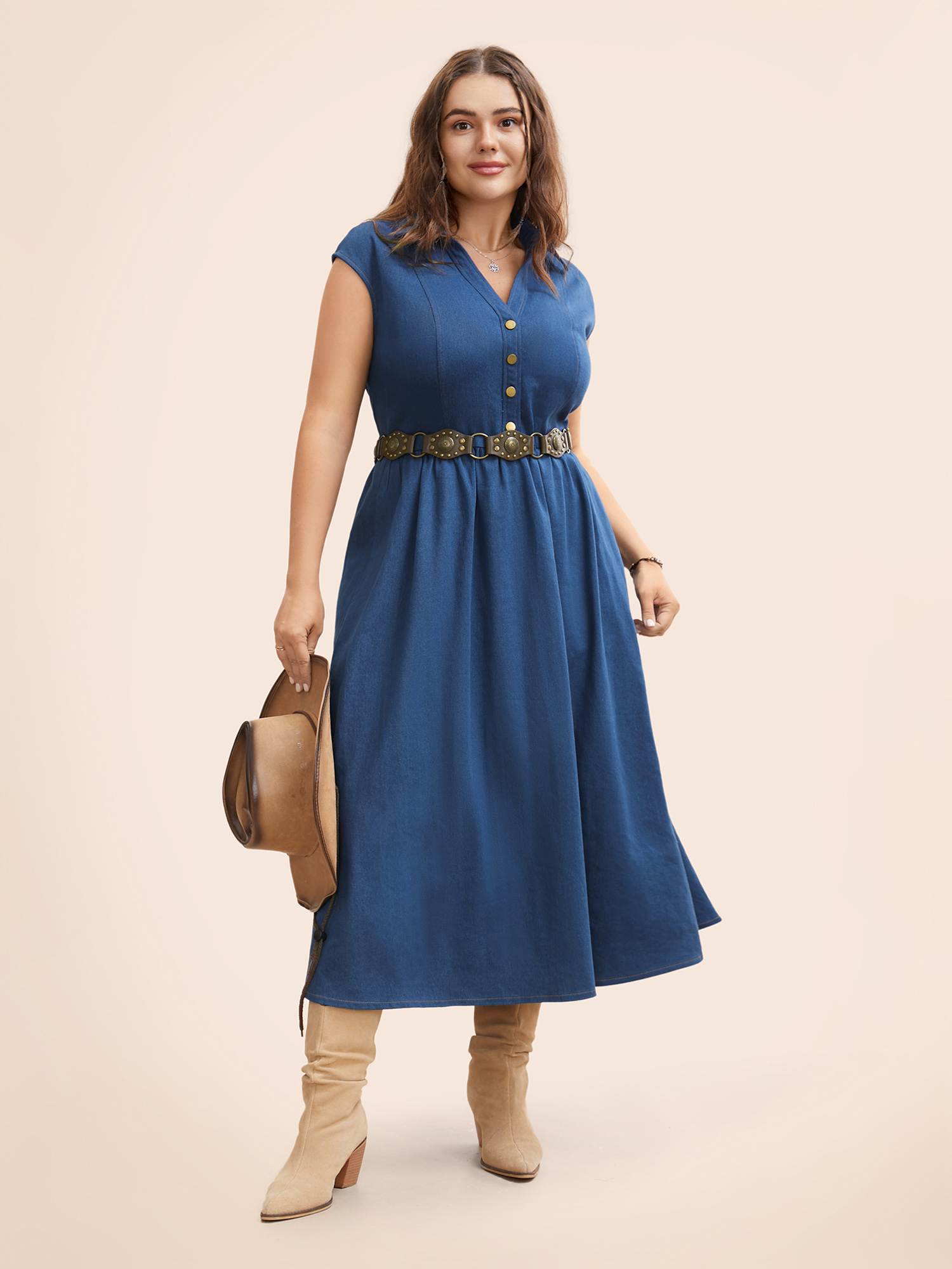 

Plus Size Stretch Denim Pleated Stand-up Collar Midi Dress LightBlue Women Resort Topstitching Shirt collar Sleeveless Curvy BloomChic