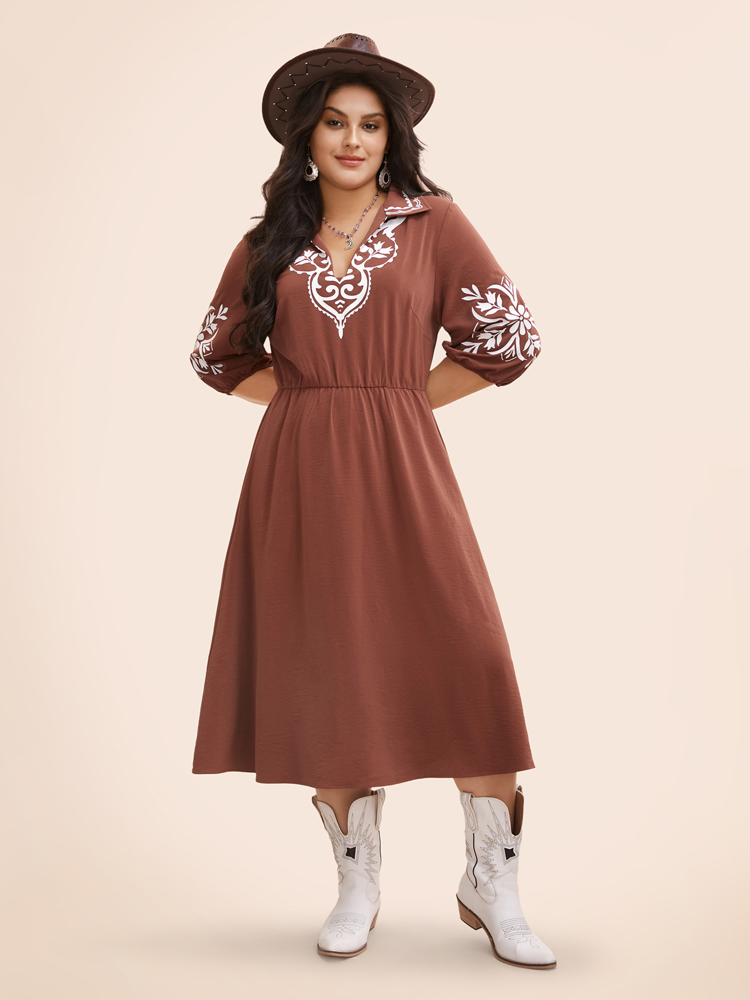 

Plus Size Precision Printing Waist-Cinching Midi Dress Rust Women Resort Contrast Lapel Collar Elbow-length sleeve Curvy BloomChic