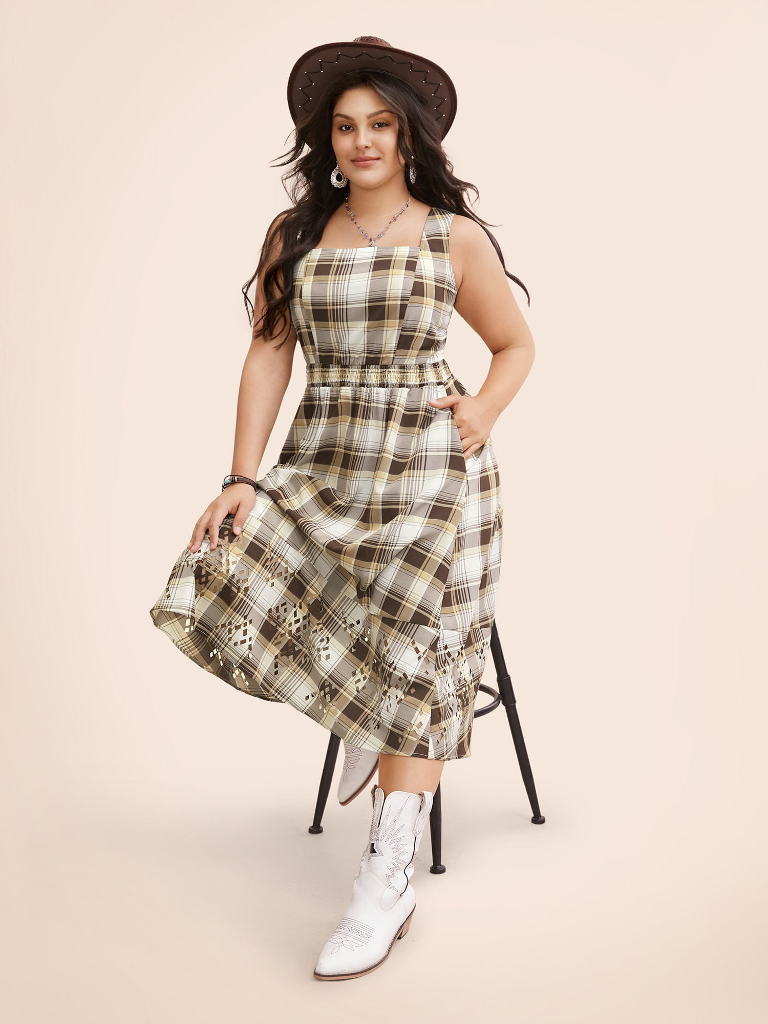 

Plus Size Burntout Hem Waist Defining Midi Dress DarkBrown Women Resort Cut-Out Square Neck Sleeveless Curvy BloomChic