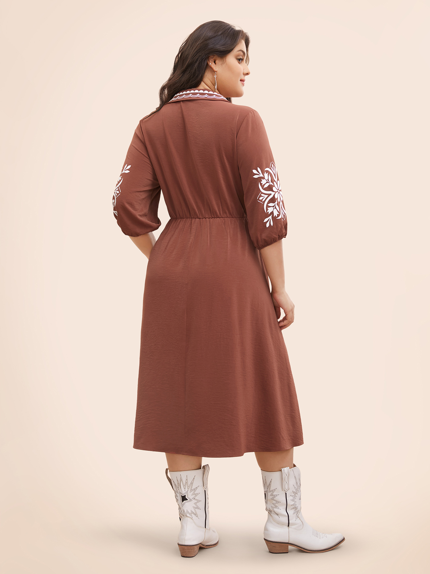 

Plus Size Precision Printing Waist-Cinching Midi Dress Rust Women Resort Contrast Lapel Collar Elbow-length sleeve Curvy BloomChic