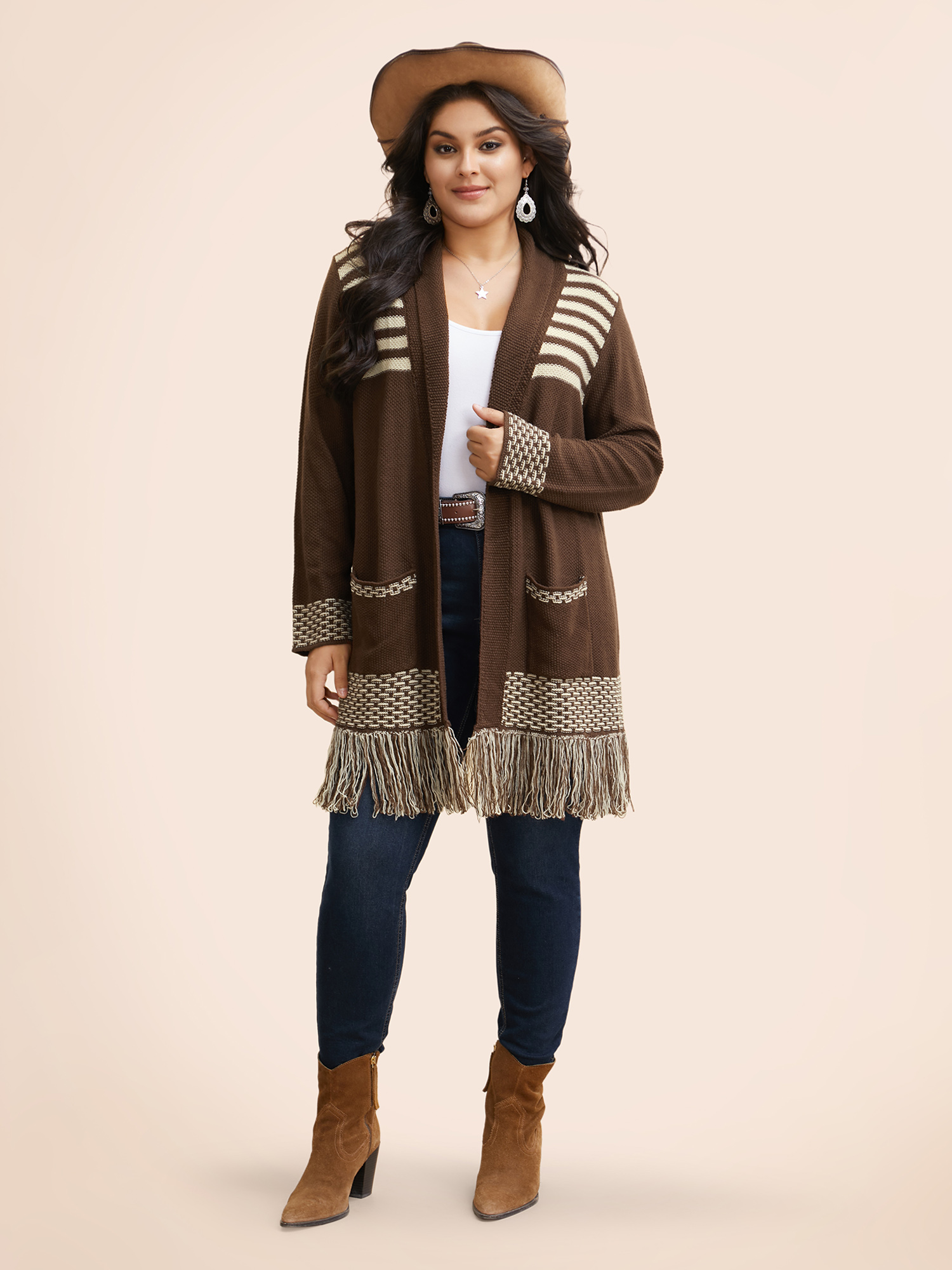 

Plus Size Woolen Tassels Pockets Open Cardigan DarkBrown Women Resort Loose Long Sleeve Vacation Cardigans BloomChic