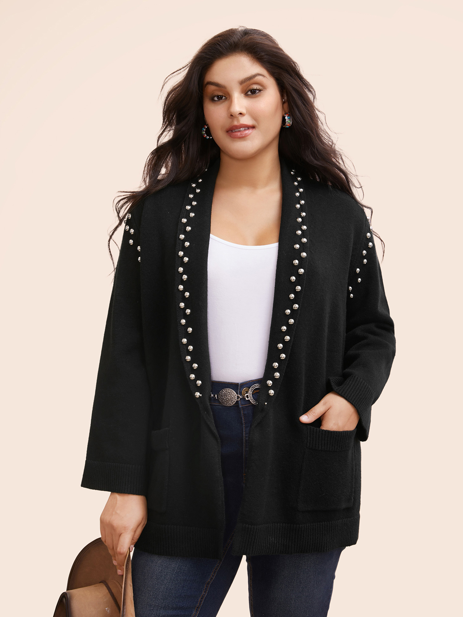 

Plus Size Metal Studs Pockets Blazer Cardigan Black Women Resort Loose Long Sleeve Vacation Cardigans BloomChic