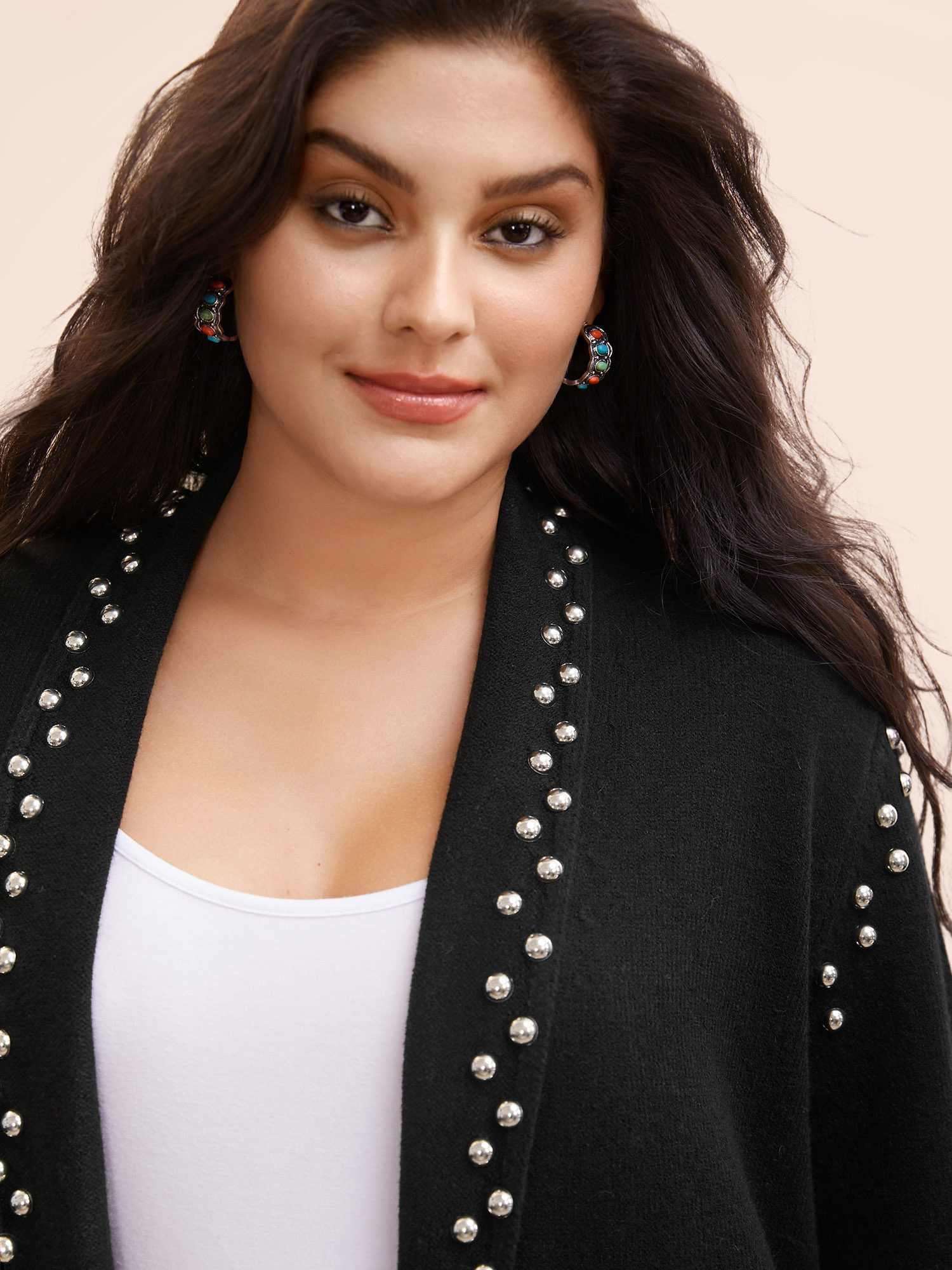 

Plus Size Metal Studs Pockets Blazer Cardigan Black Women Resort Loose Long Sleeve Vacation Cardigans BloomChic