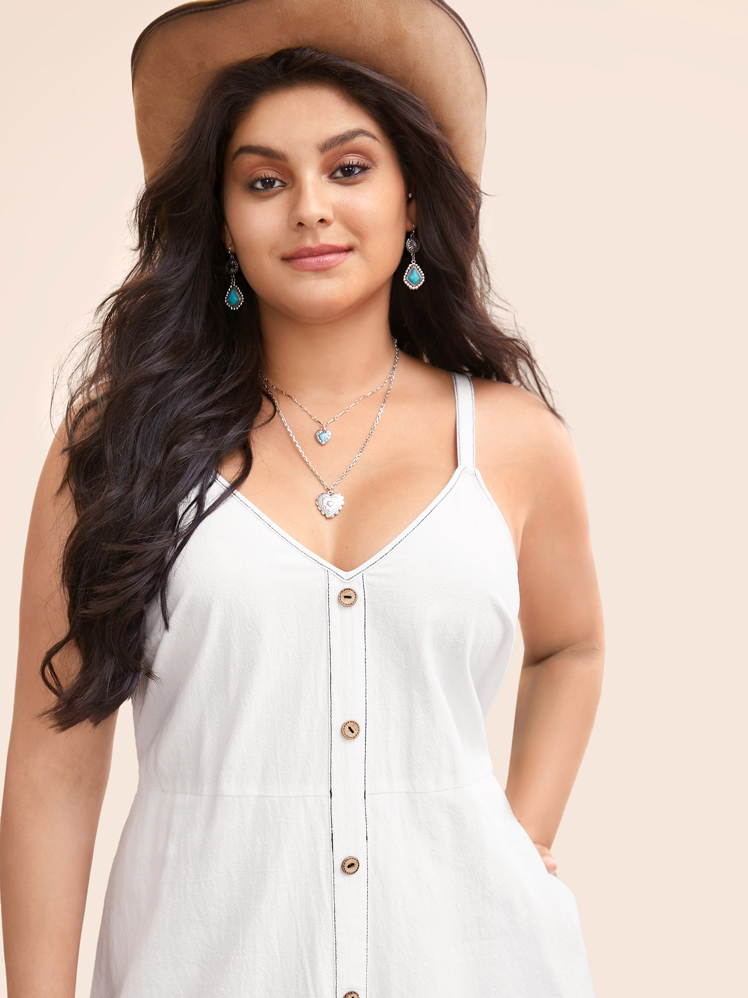 Plus Size Hollow Front Button Detail Flare Maxi Dress Originalwhite Women Resort Topstitching V-neck Sleeveless Curvy BloomChic 12/L 