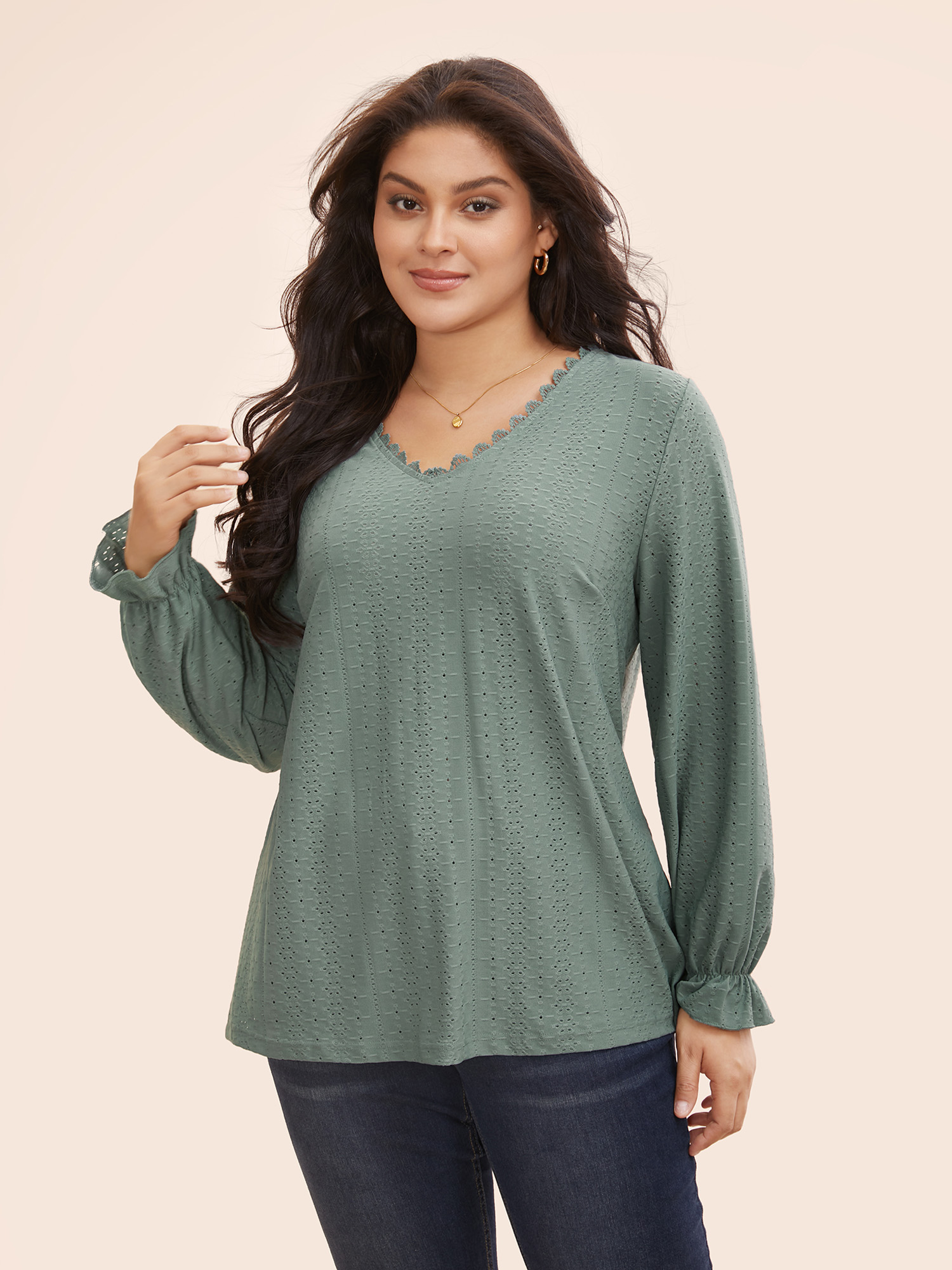 

Solid Lace Panel Lantern Sleeve T-shirt, Sage