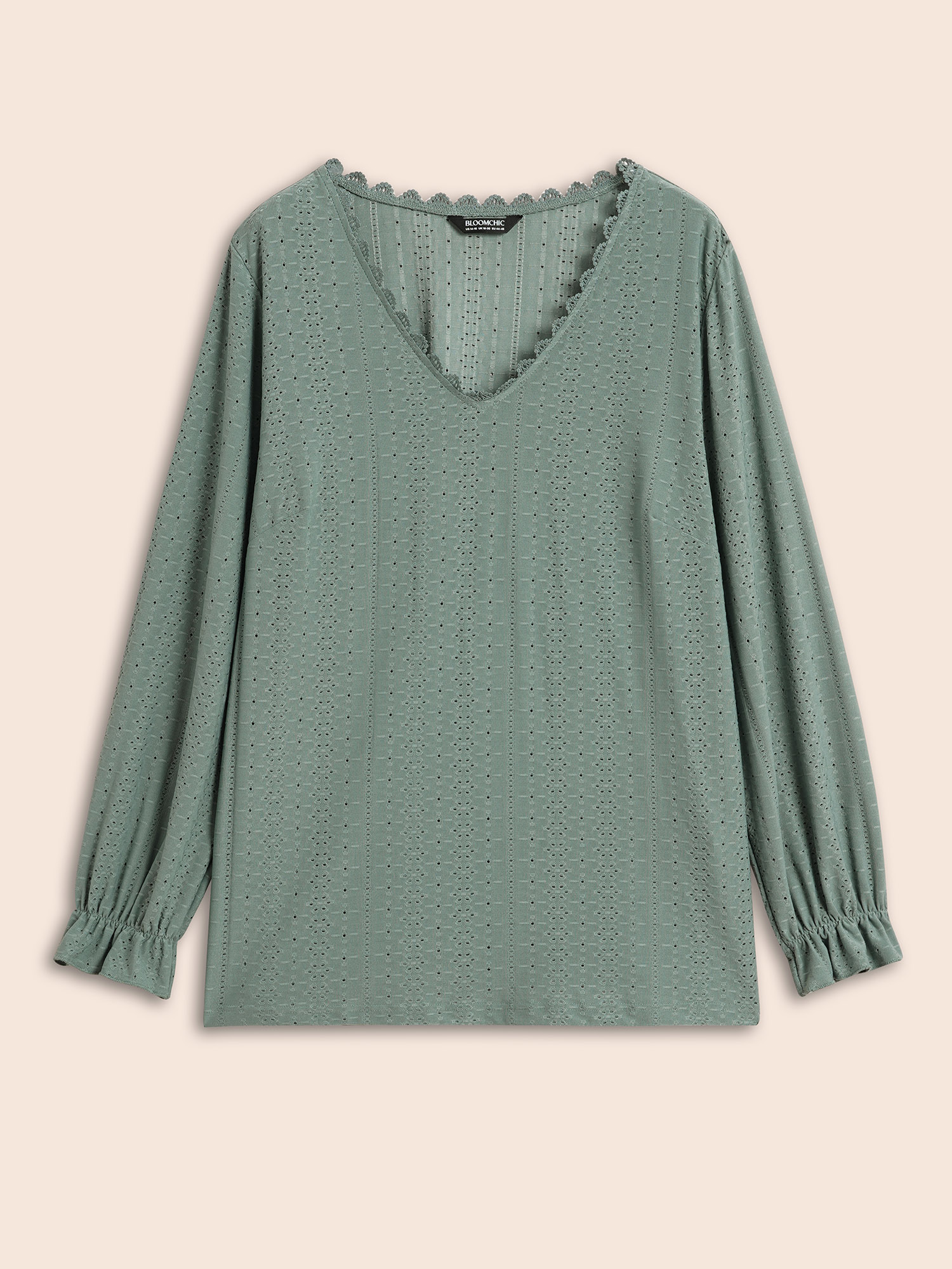 

Plus Size Solid Lace Panel Lantern Sleeve T-shirt Sage V-neck Long Sleeve Elegant Jersey Tops