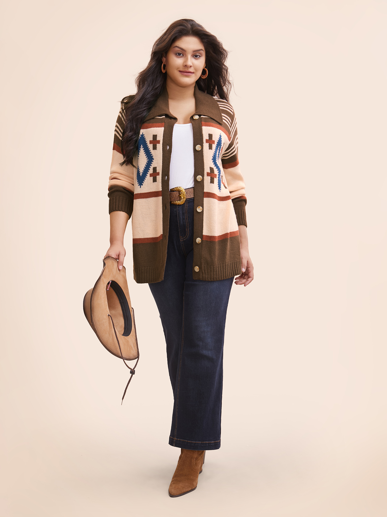 Plus Size Geometric Pattern Collared Front Button Cardigan Multicolor Women Casual Loose Long Sleeve Everyday Cardigans BloomChic 26/4X 