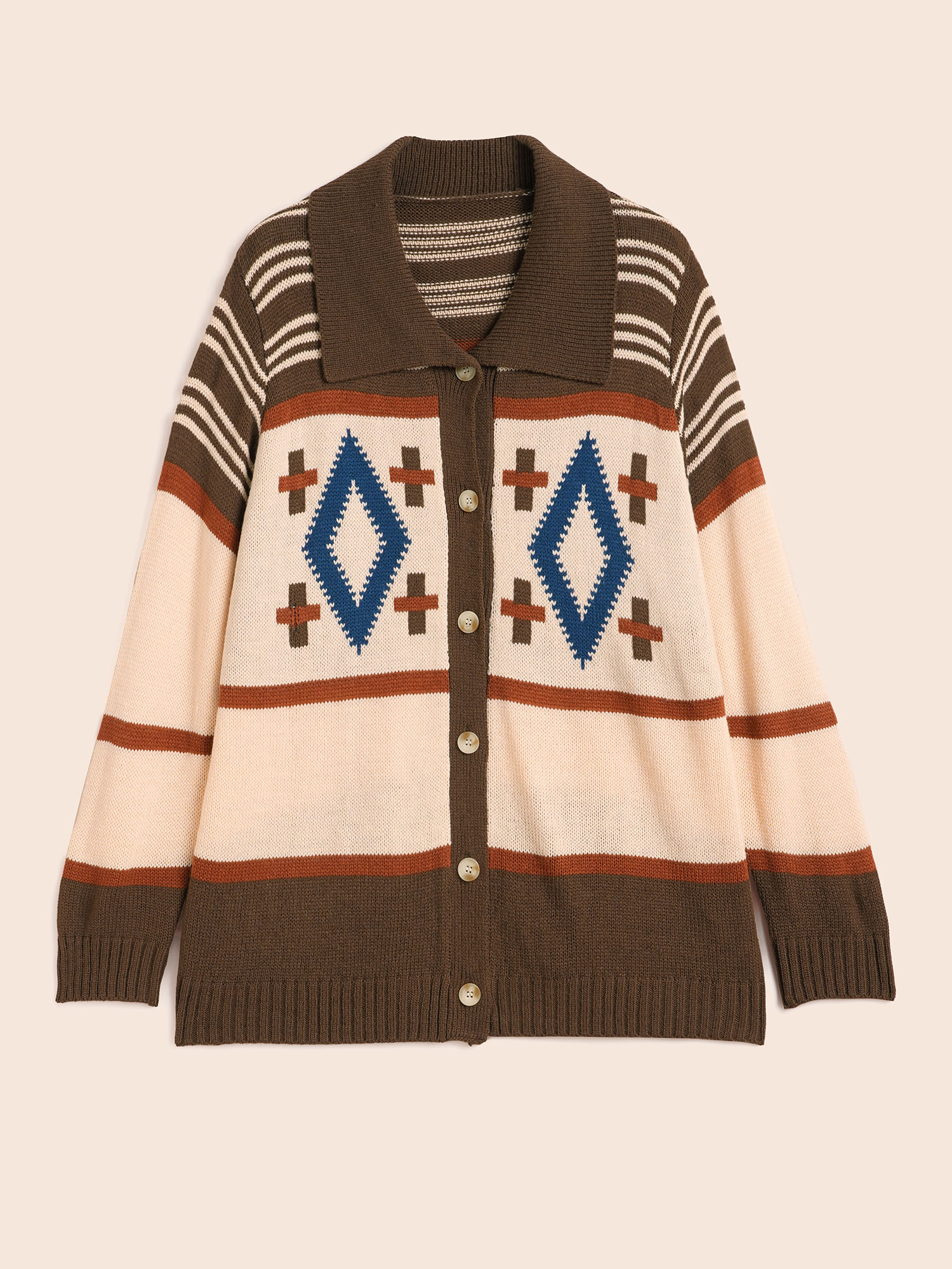 Plus Size Geometric Pattern Collared Front Button Cardigan Multicolor Women Casual Loose Long Sleeve Everyday Cardigans BloomChic 26/4X 
