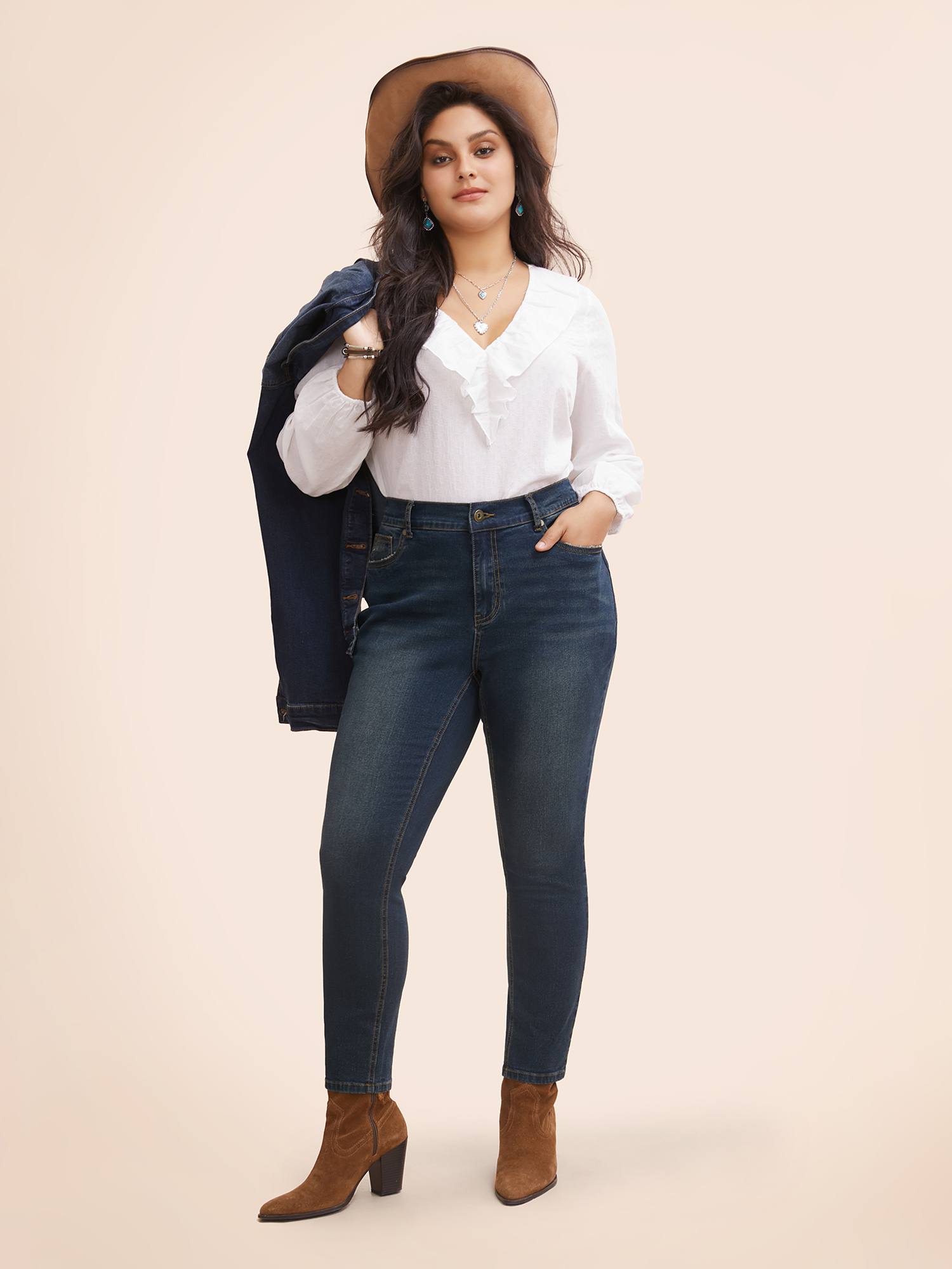 Plus Size Stretch Denim Pocket Distressing Slim-Fit Jeans Women Bluevintage Casual Button Medium stretch Slanted pocket Jeans BloomChic 20/2X 
