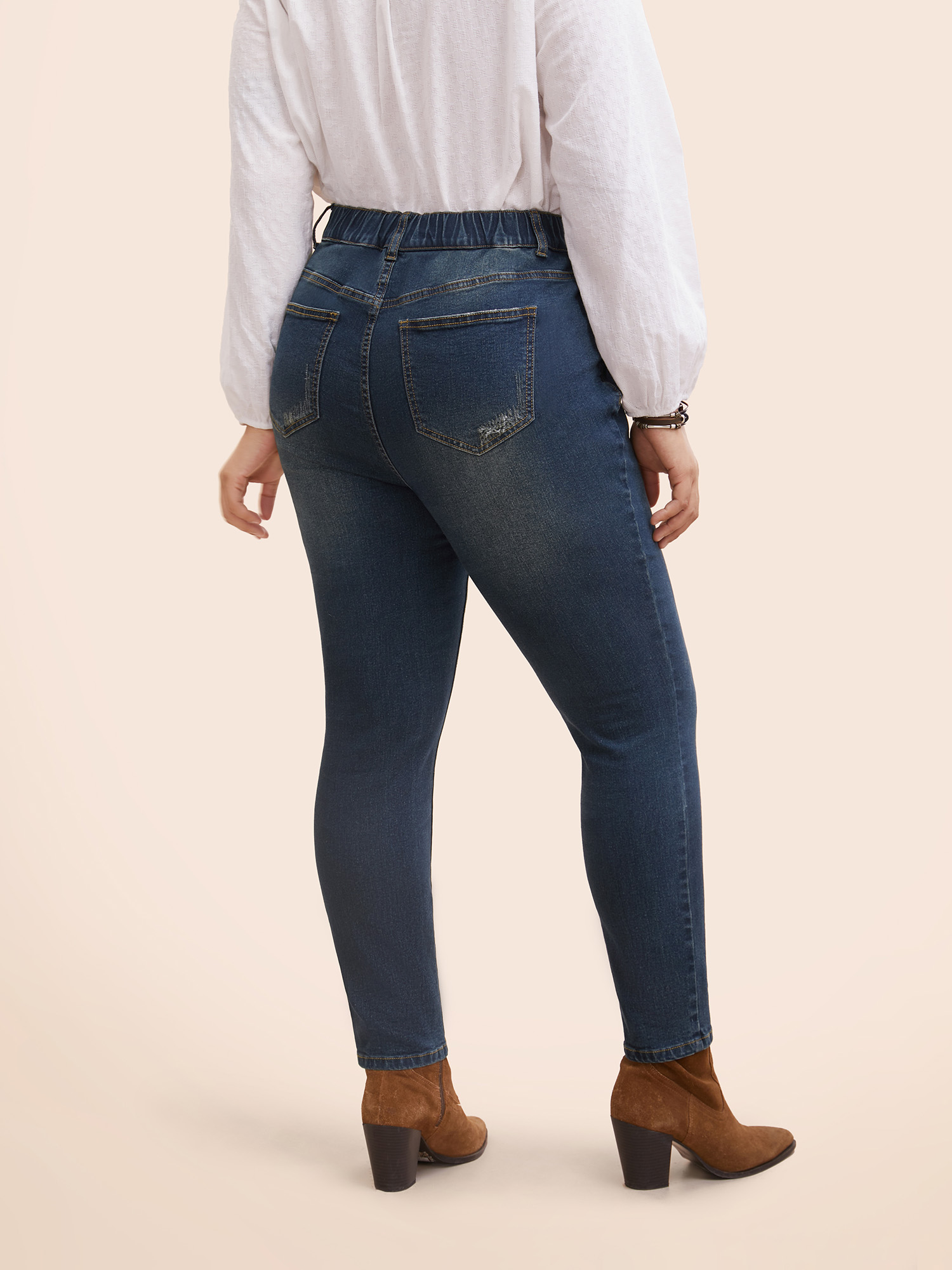 Plus Size Stretch Denim Pocket Distressing Slim-Fit Jeans Women Bluevintage Casual Button Medium stretch Slanted pocket Jeans BloomChic 20/2X 