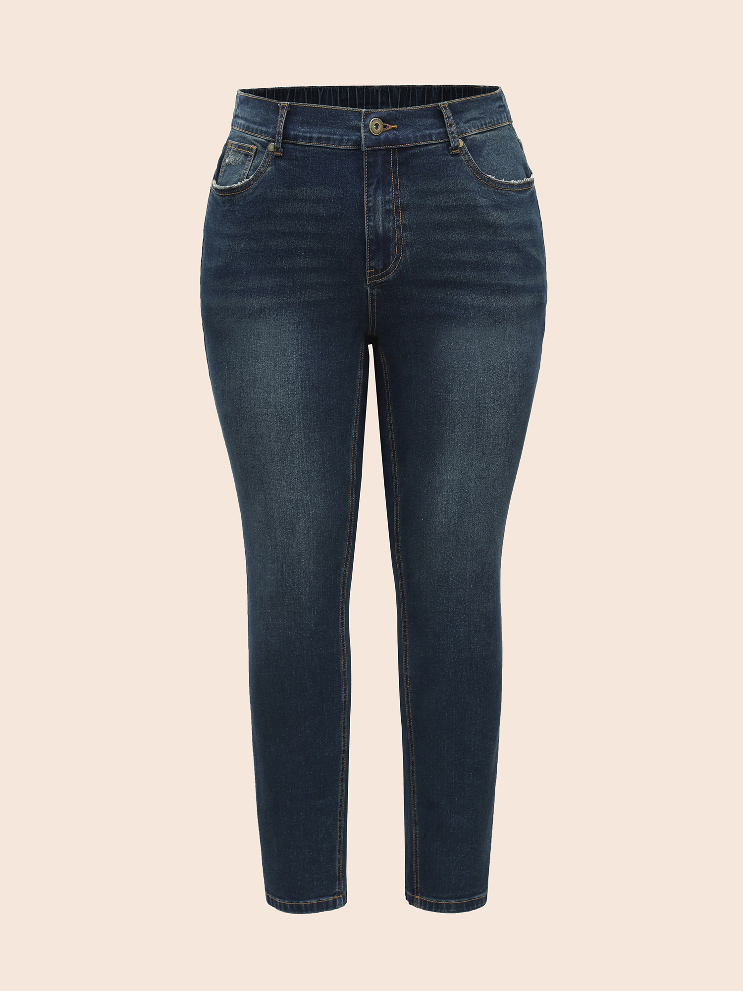 Plus Size Stretch Denim Pocket Distressing Slim-Fit Jeans Women Bluevintage Casual Button Medium stretch Slanted pocket Jeans BloomChic 20/2X 