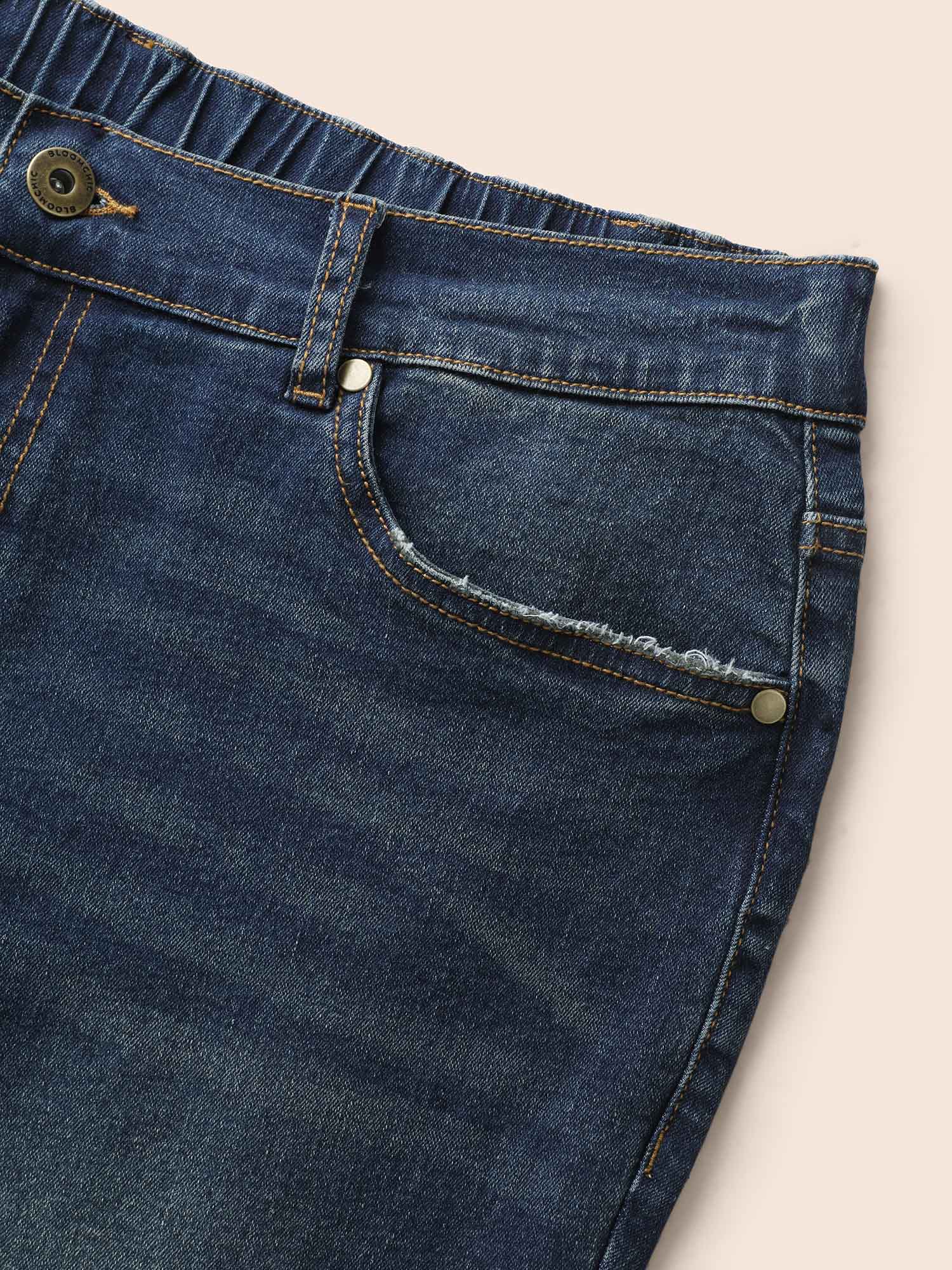 Plus Size Stretch Denim Pocket Distressing Slim-Fit Jeans Women Bluevintage Casual Button Medium stretch Slanted pocket Jeans BloomChic 20/2X 