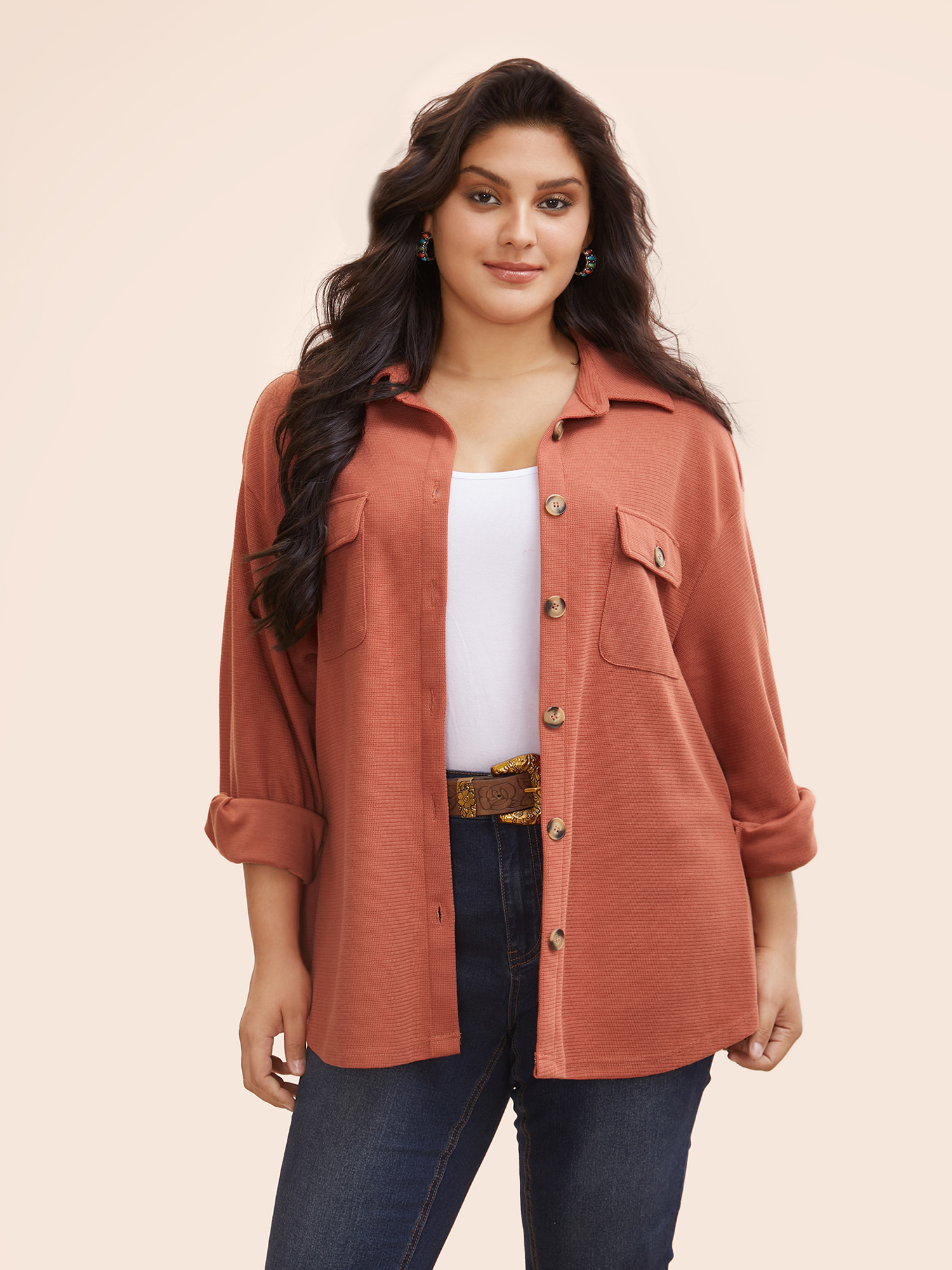 

Plus Size Stretch Fabric Relaxed Fit Jacket Women Rust Button Loose Patch pocket Vacation Jackets BloomChic