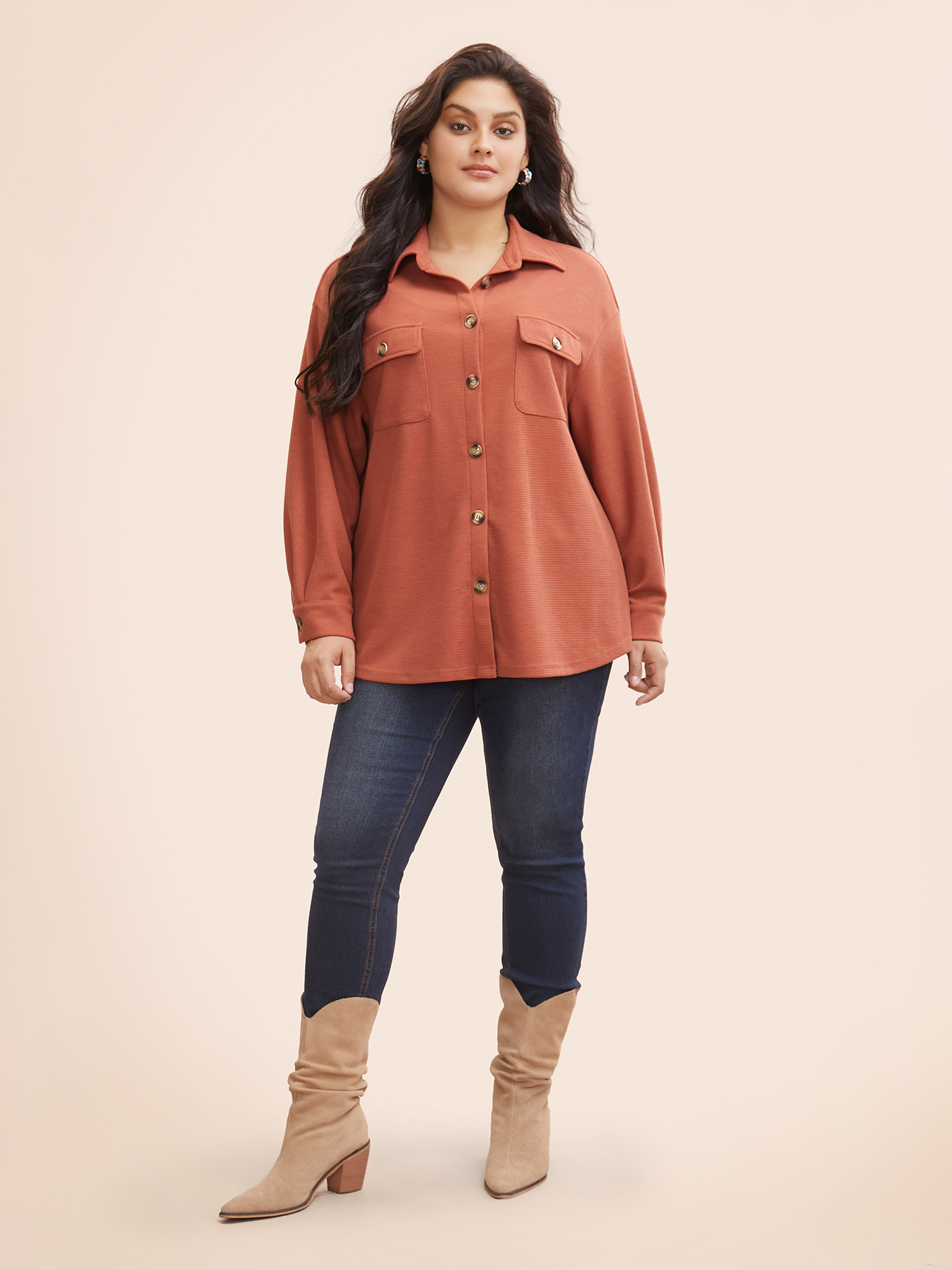 

Plus Size Stretch Fabric Relaxed Fit Jacket Women Rust Button Loose Patch pocket Vacation Jackets BloomChic