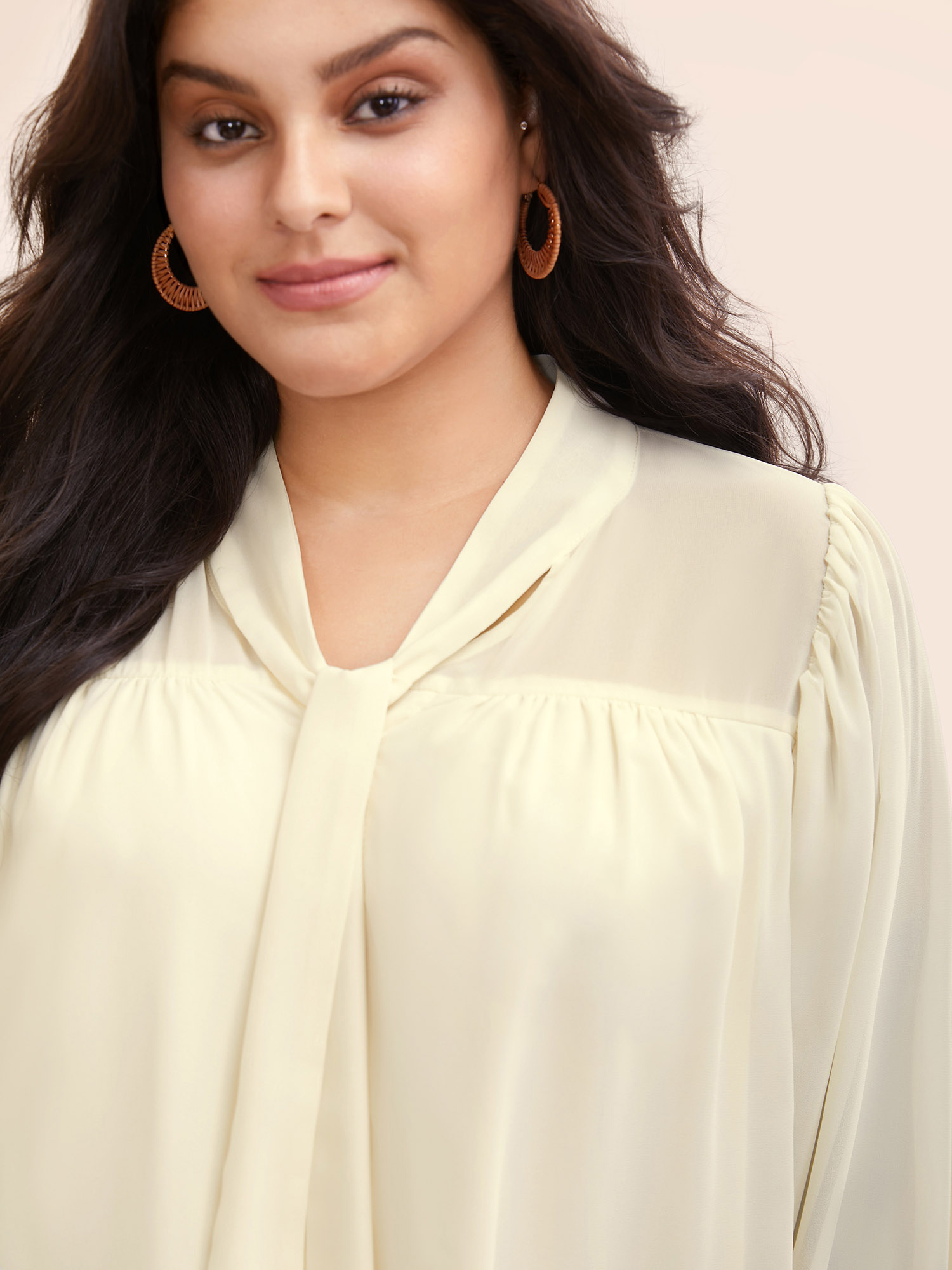 

Plus Size Chiffon Draped Collar Pleated Blouse Ivory Long Sleeve Ribbon-tied collar Resort Shirts