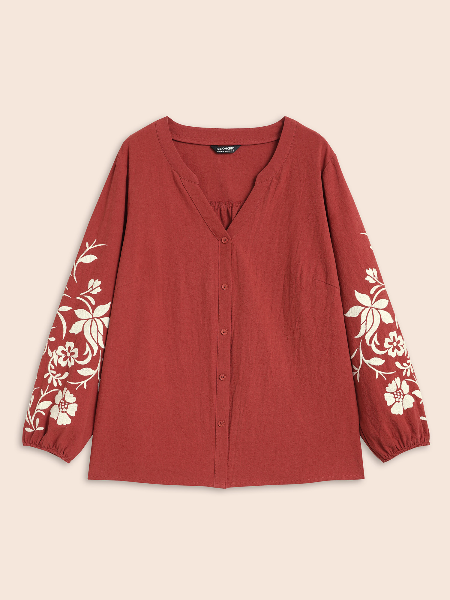 

Plus Size Russet Floral Embroidered Full Sleeves Notched Collar Blouse Women Resort Long Sleeve Notched collar Vacation Blouses BloomChic