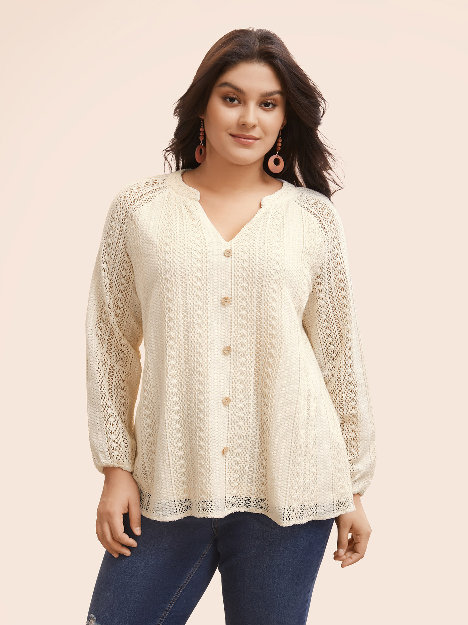 

Plus Size Beige Notched Crochet Lace Raglan Sleeve Blouse Women Resort Long Sleeve Notched collar Vacation Blouses BloomChic