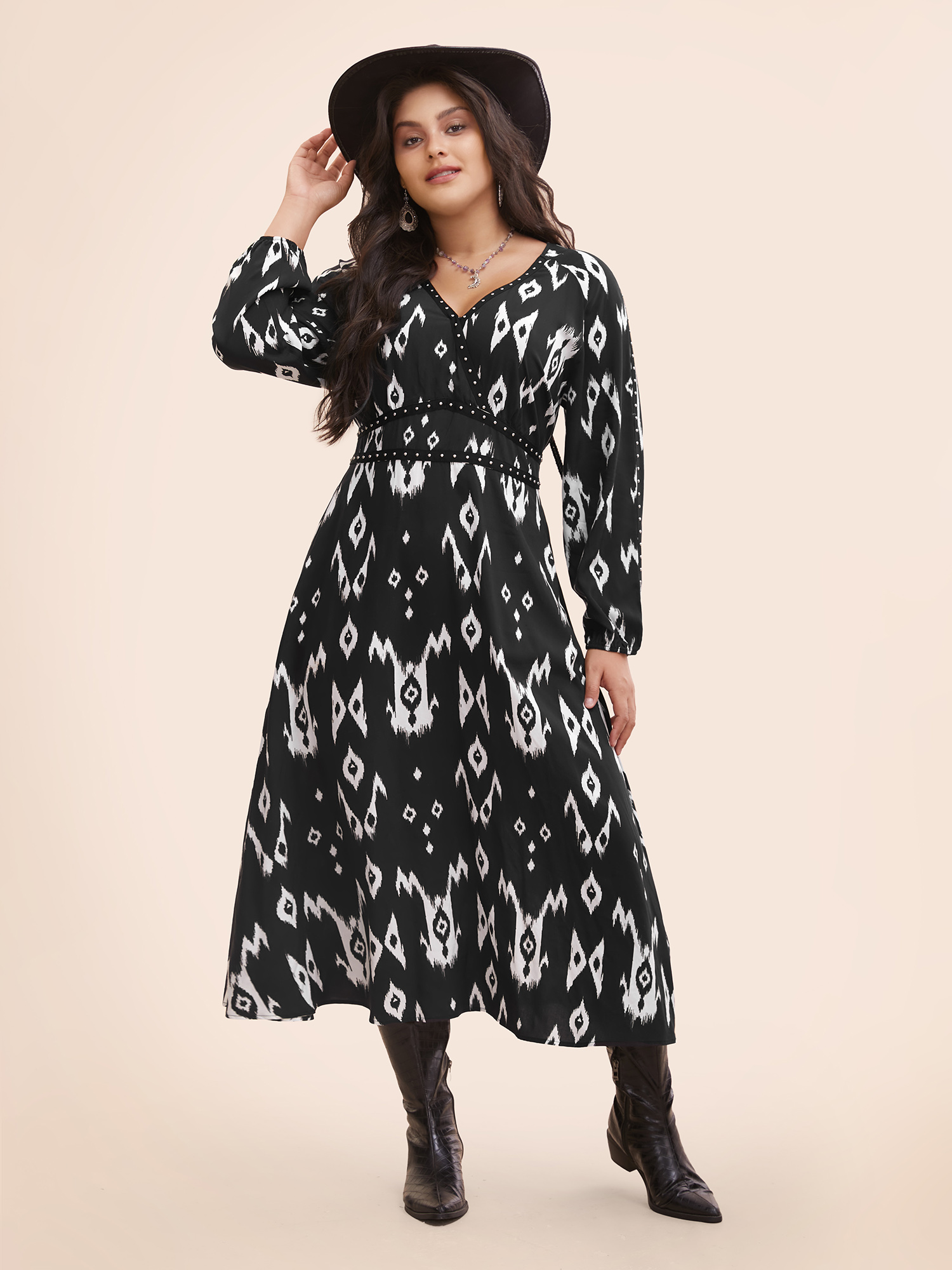 Plus Size Abstract Studded Woven Maxi Dress Black Women Resort Beaded Overlap Collar Long Sleeve Curvy BloomChic 12/L 