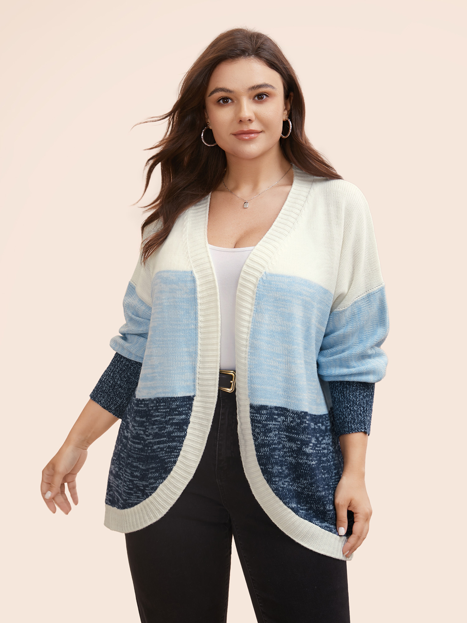 

Plus Size Colorblock Contrast Curved Hem Cardigan Indigo Women Casual Loose Long Sleeve Everyday Cardigans BloomChic