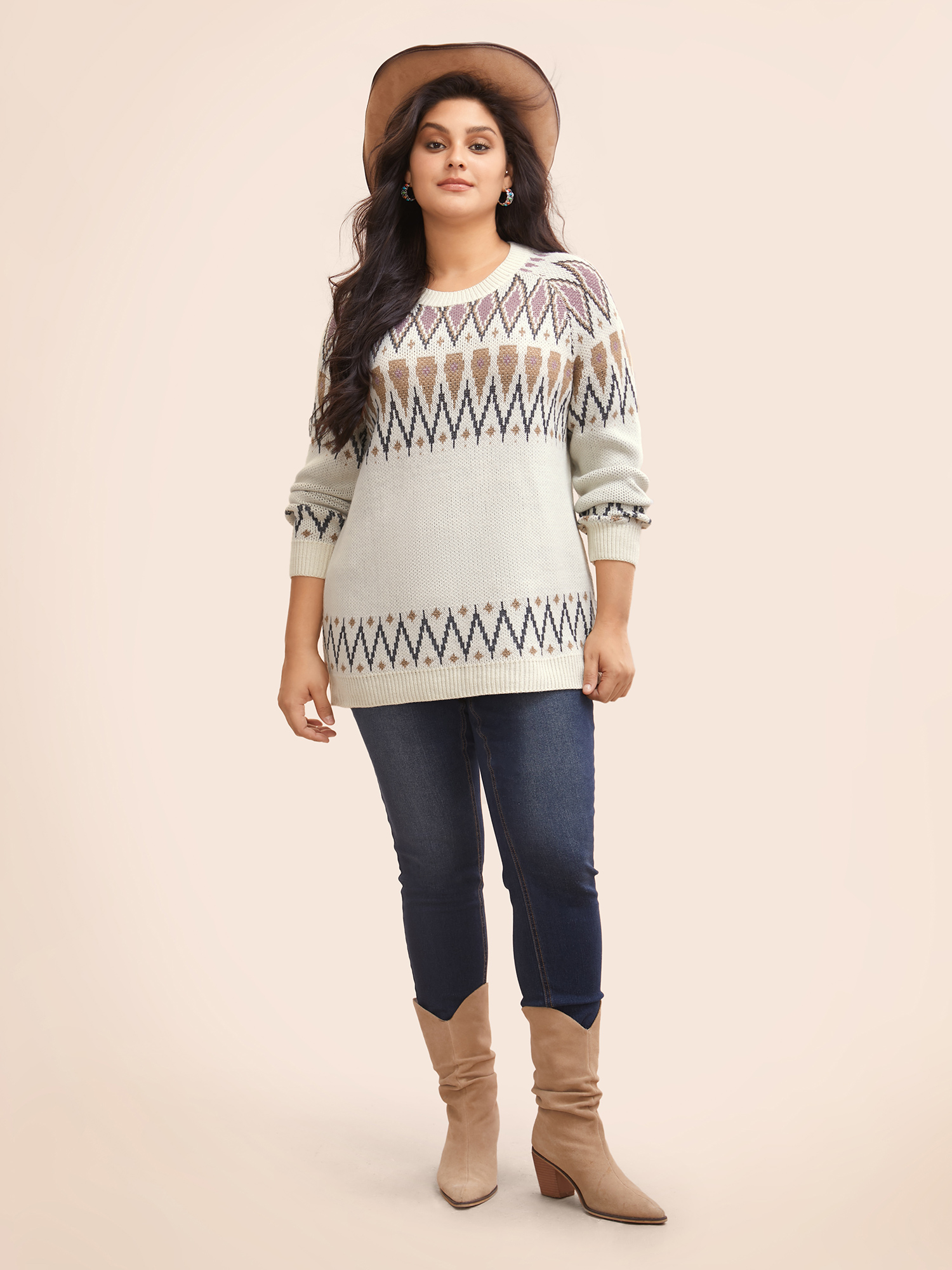 

Plus Size Fair Isle Jacquard Crew Neck Pullover Beige Women Casual Long Sleeve Round Neck Everyday Pullovers BloomChic