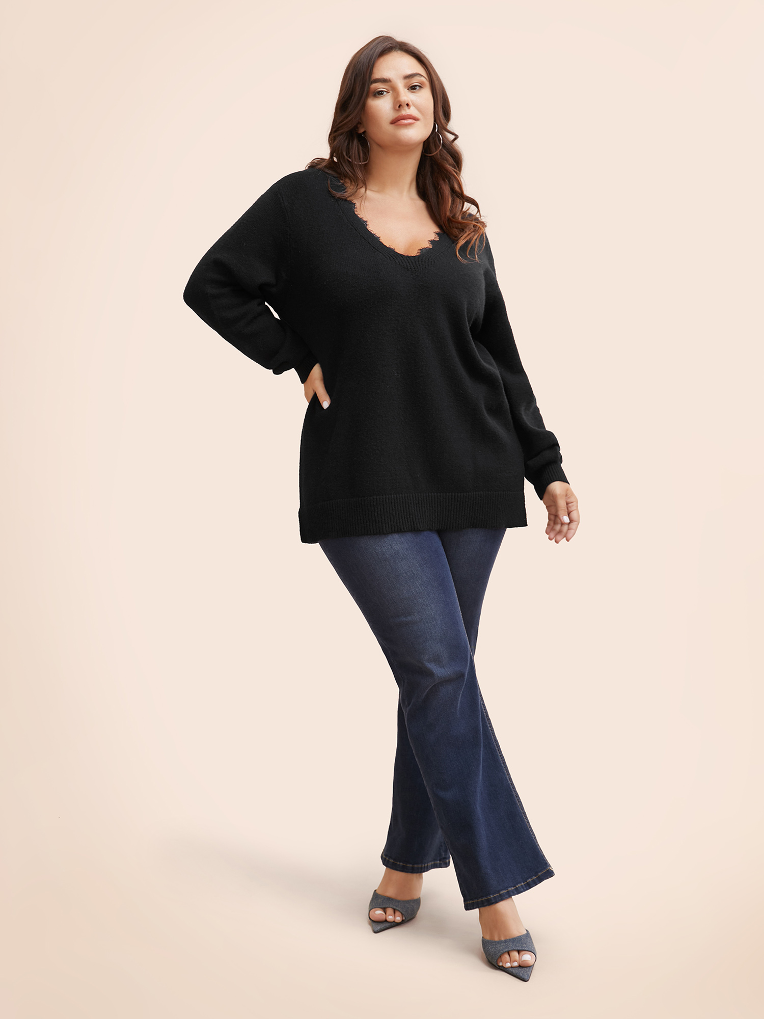 

Plus Size V Neck Lace Patchwork Backless Pullover Black Women Elegant Long Sleeve V-neck Everyday Pullovers BloomChic