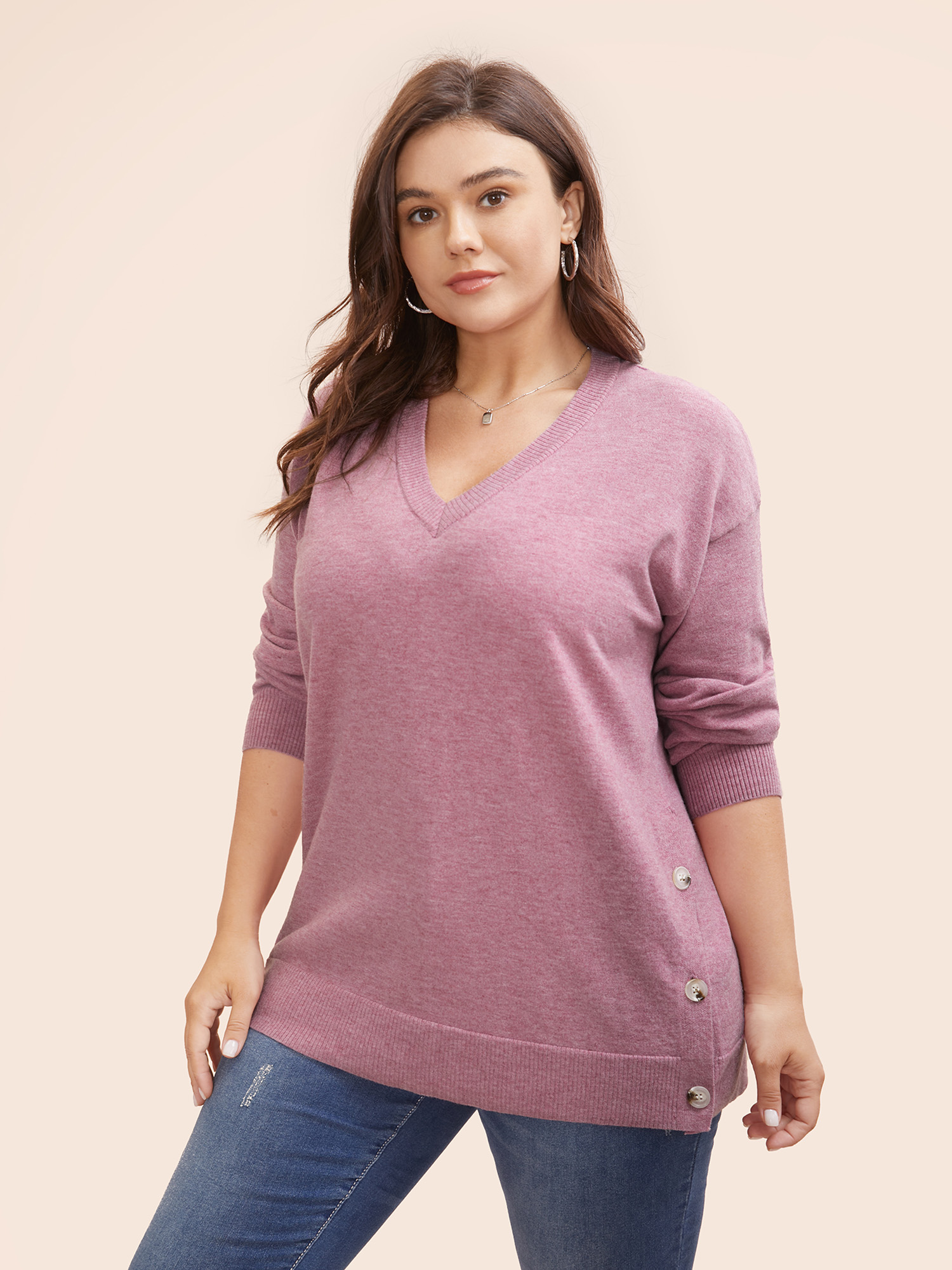 

Plus Size Supersoft Essentials Button Slit Hem Pullover DustyPink Women Casual Long Sleeve V-neck Everyday Pullovers BloomChic