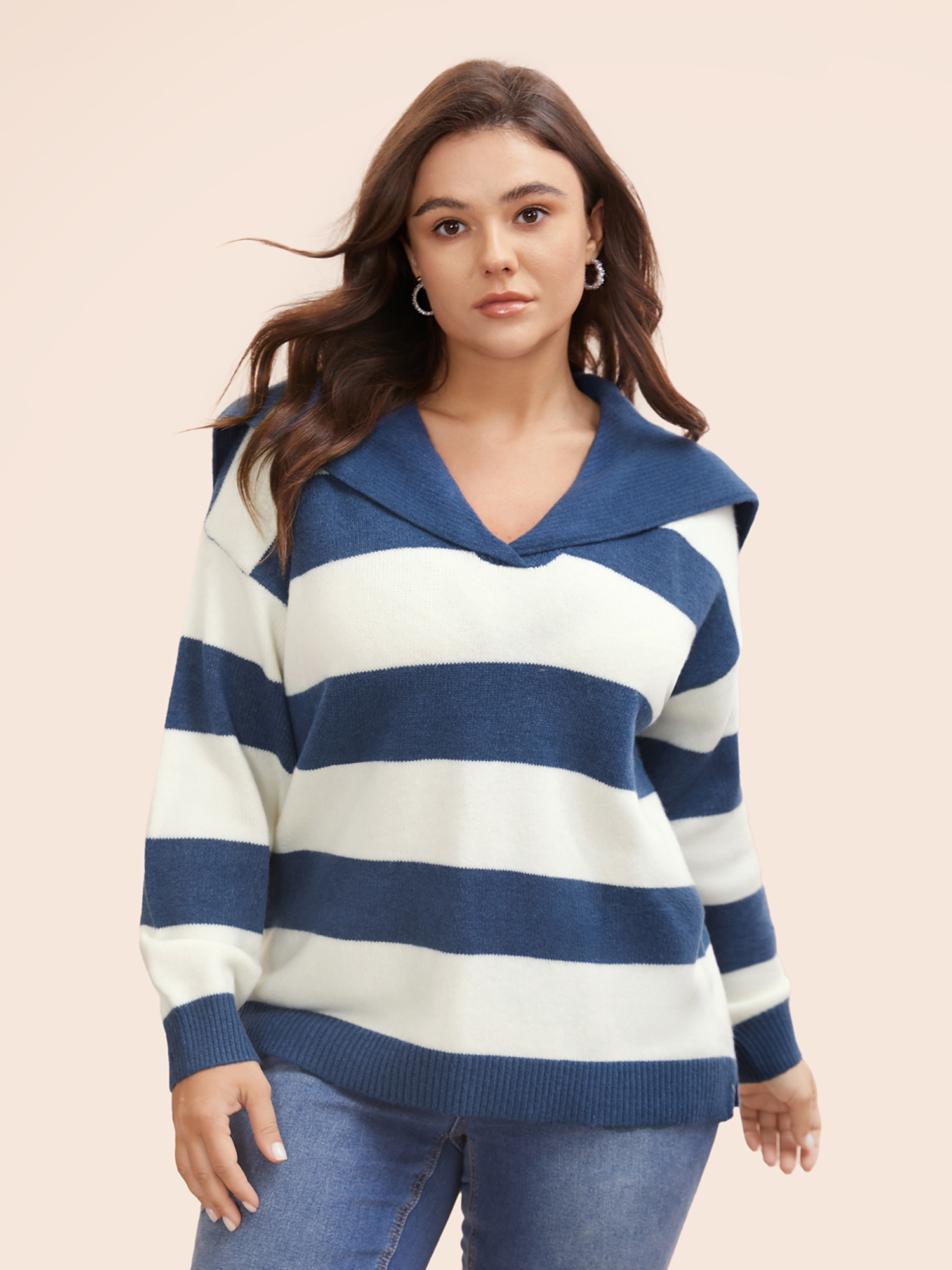 

Plus Size Sailor Collar Colorblock Contrast Pullover Mediumblue Women Casual Long Sleeve Sailor Collar Everyday Pullovers BloomChic