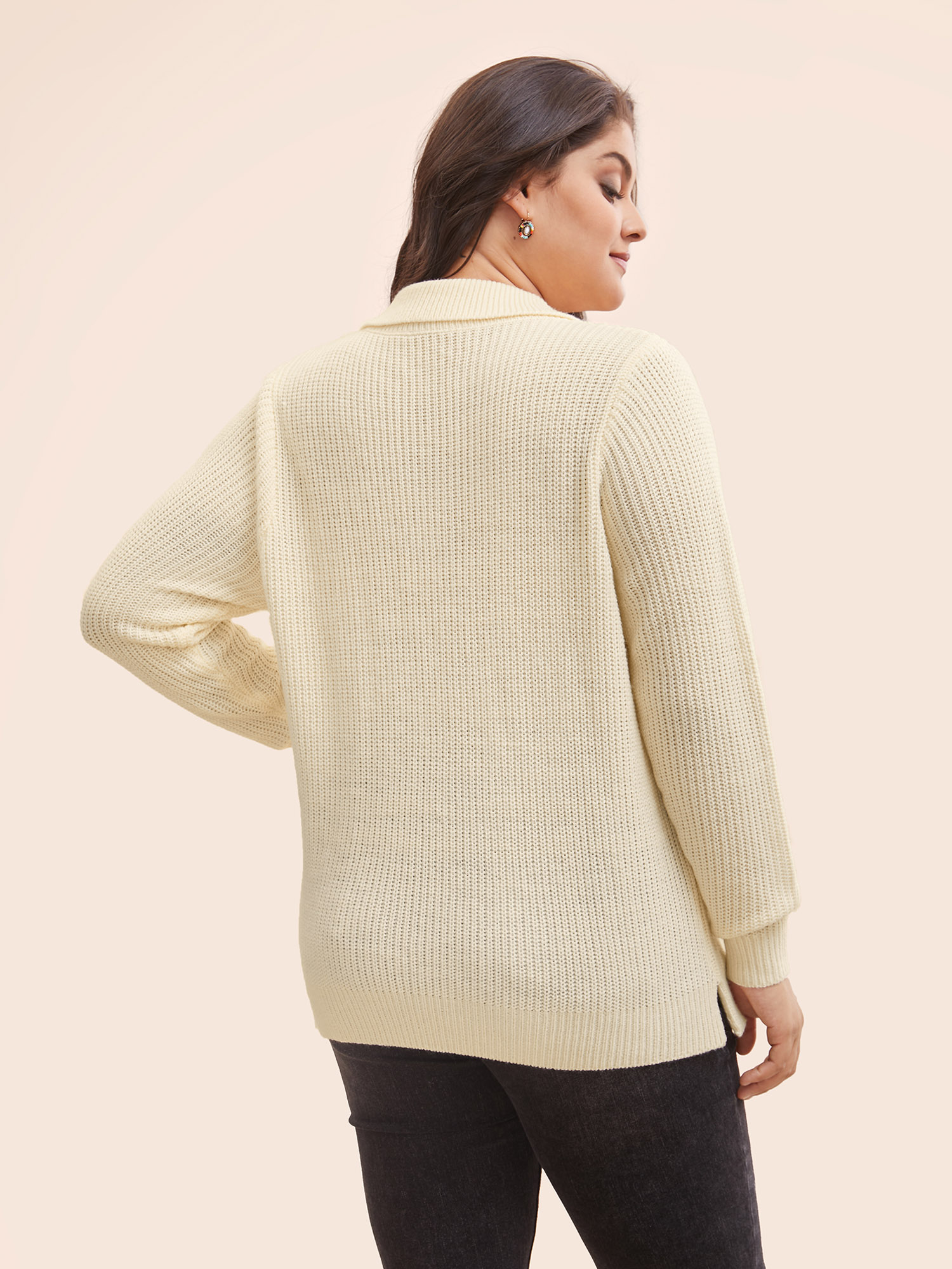 

Plus Size Hand Crocheted Polo Collared Pullover Beige Women Casual Long Sleeve Polo Everyday Pullovers BloomChic