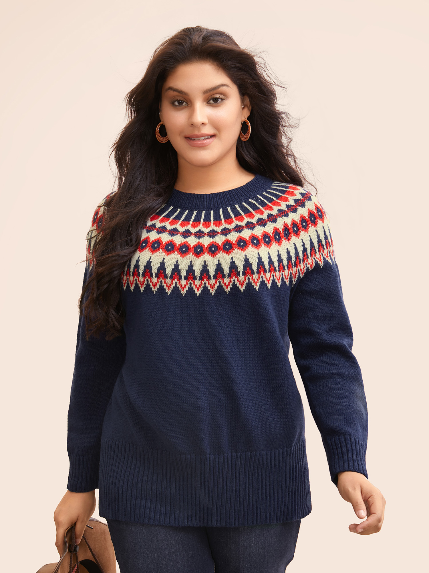 

Plus Size Fair Isle Pull Over Crew Neck Pullover Navy Women Casual Long Sleeve Round Neck Everyday Pullovers BloomChic