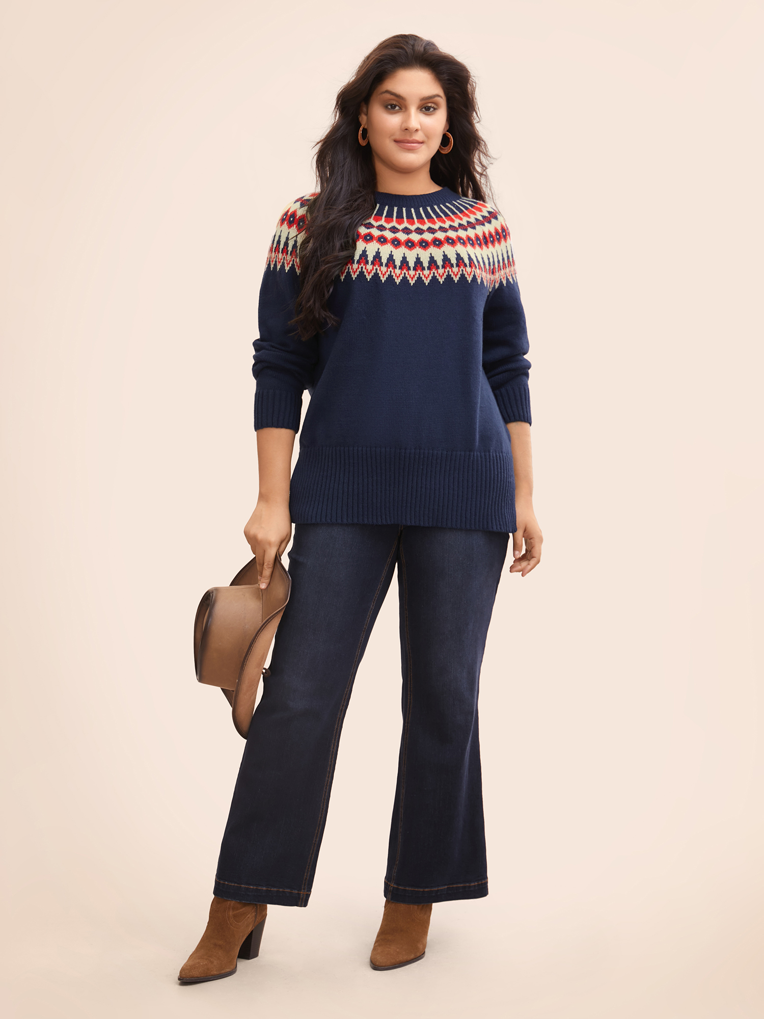 

Plus Size Fair Isle Pull Over Crew Neck Pullover Navy Women Casual Long Sleeve Round Neck Everyday Pullovers BloomChic