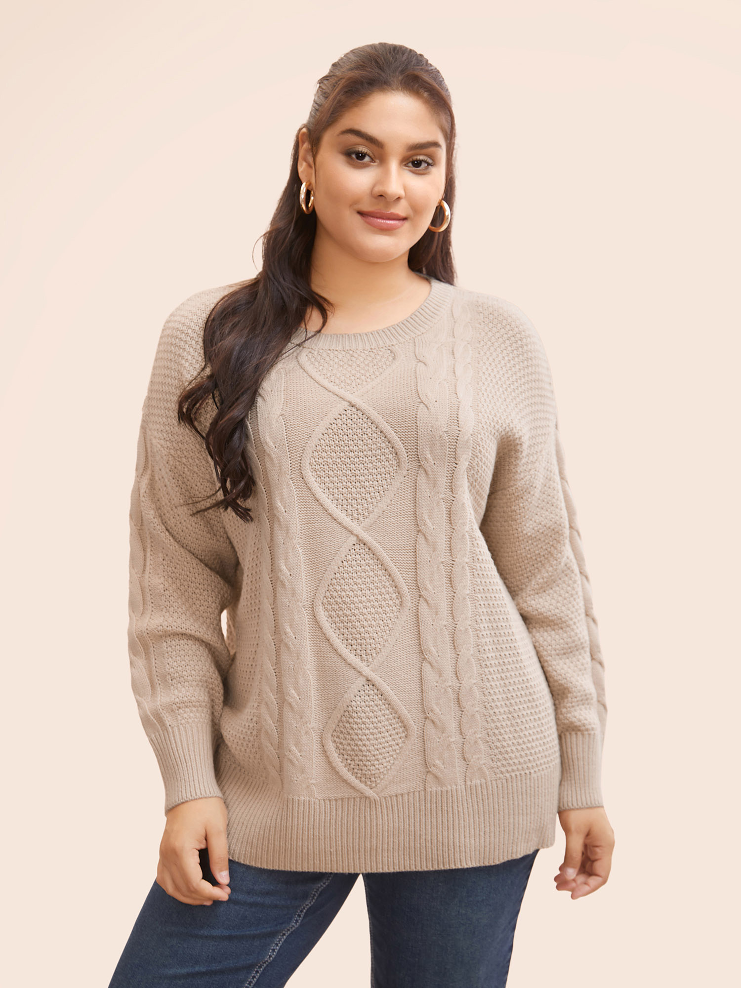 

Plus Size Round Neck Textured Cable Knit Pullover LightBrown Women Casual Long Sleeve Round Neck Everyday Pullovers BloomChic