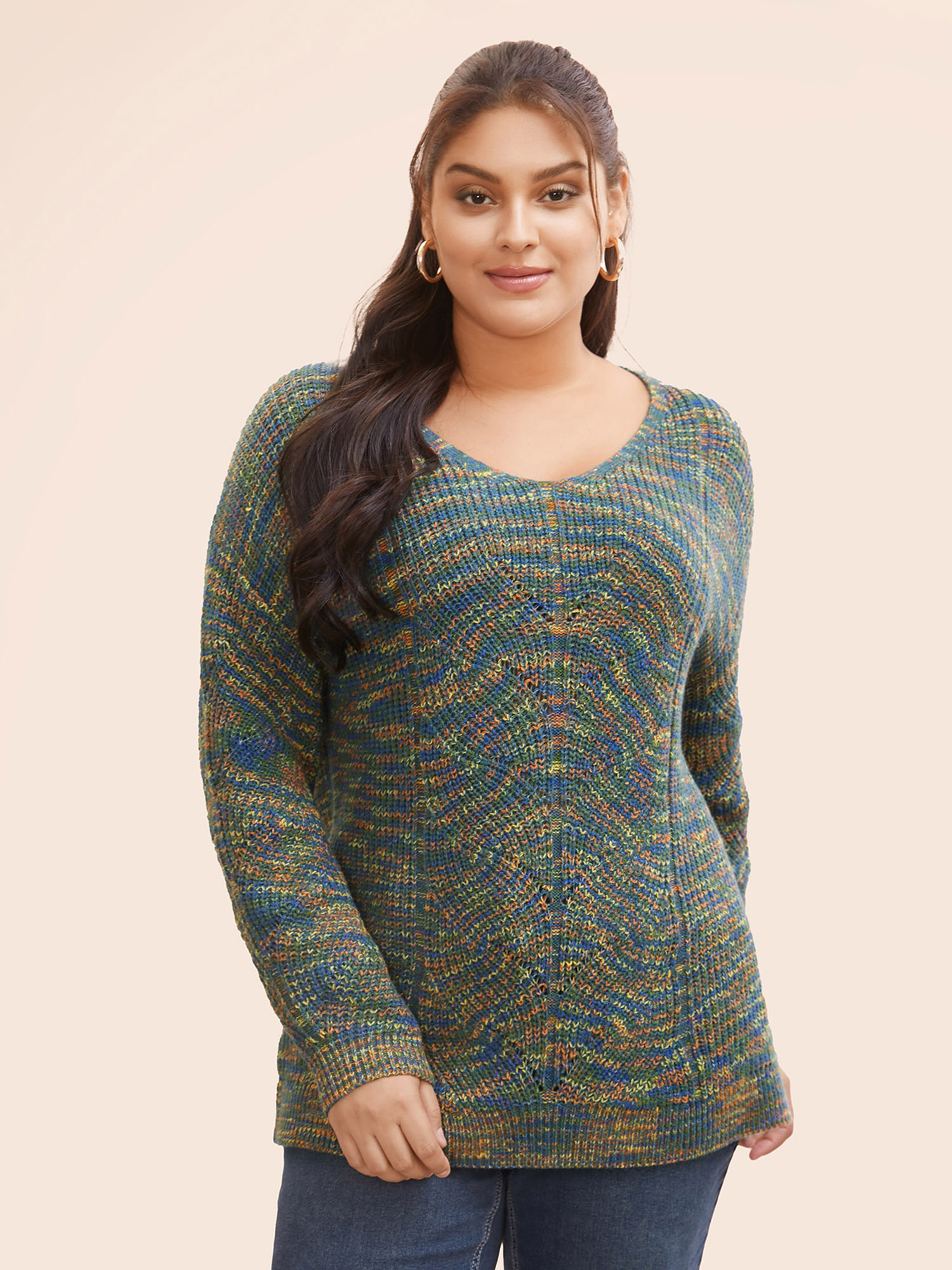 

Plus Size V Neck Texture Heather Cable Knit Pullover Multicolor Women Casual Long Sleeve V-neck Everyday Pullovers BloomChic