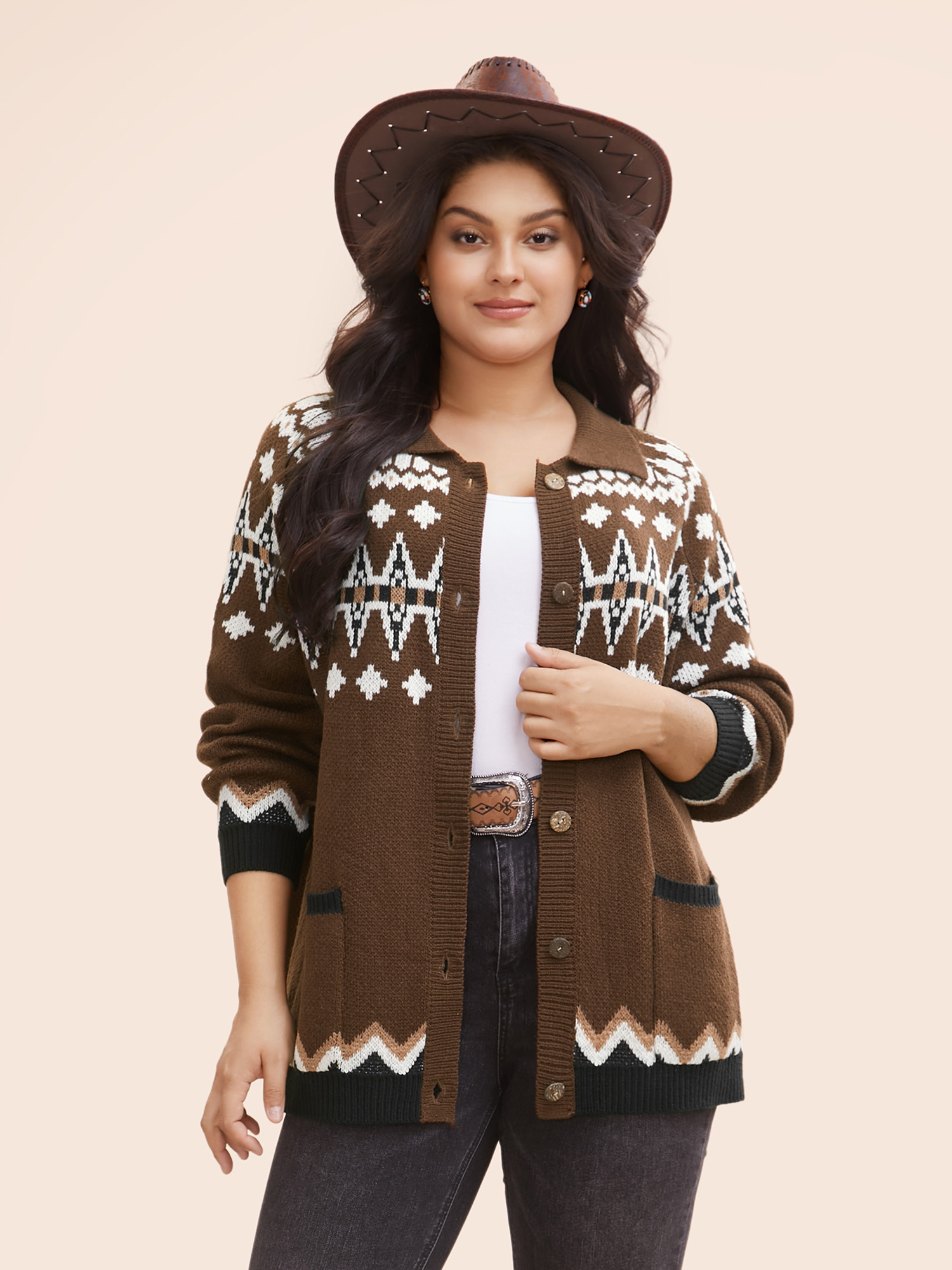 

Plus Size Fair Isle Collared Button Down Cardigan DarkBrown Women Casual Loose Long Sleeve Everyday Cardigans BloomChic