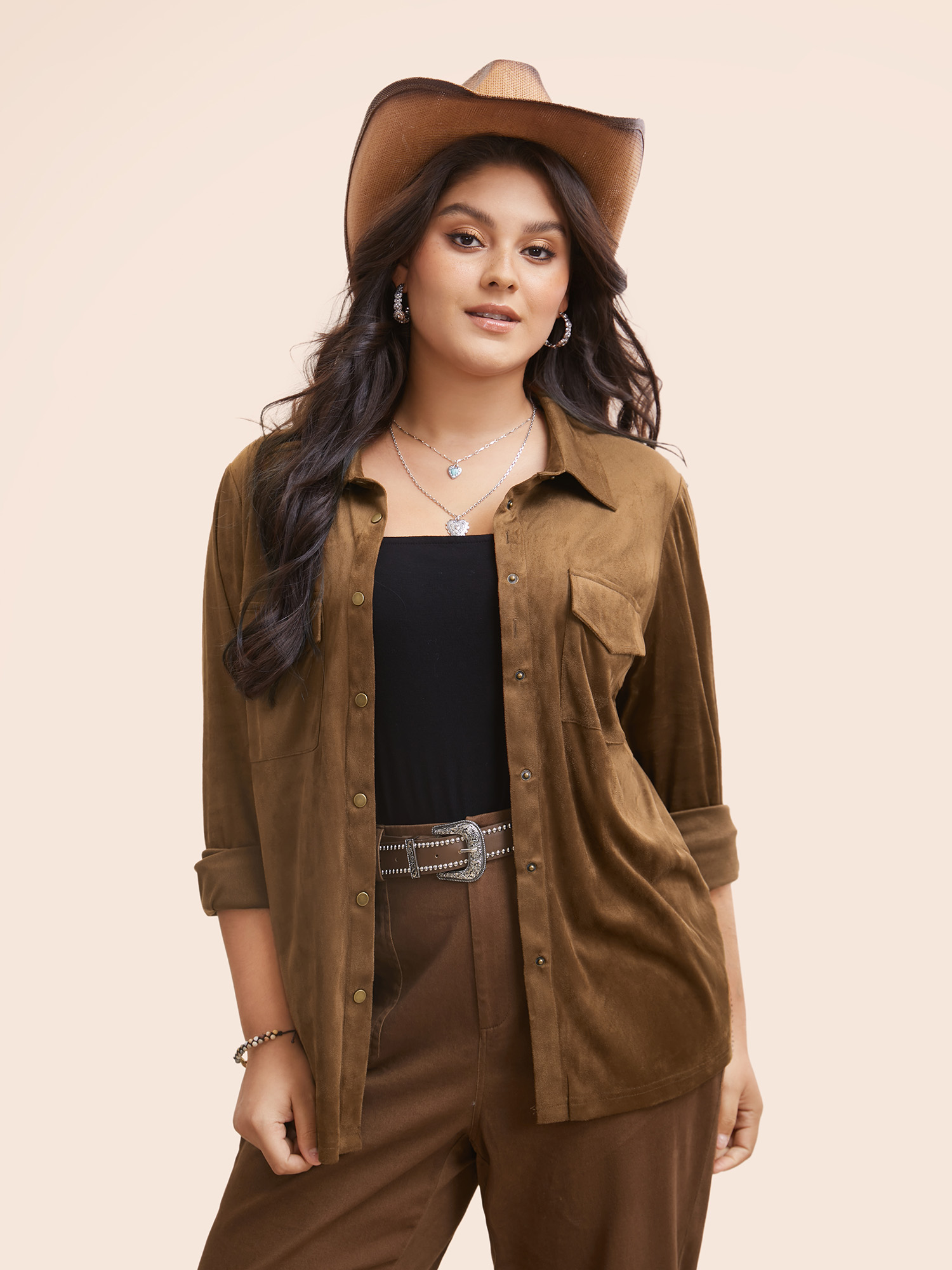 

Plus Size Stretchy Suede Pockets Slim-Fit Blouse Browncoffeecolor Long Sleeve Shirt collar Elegant Shirts