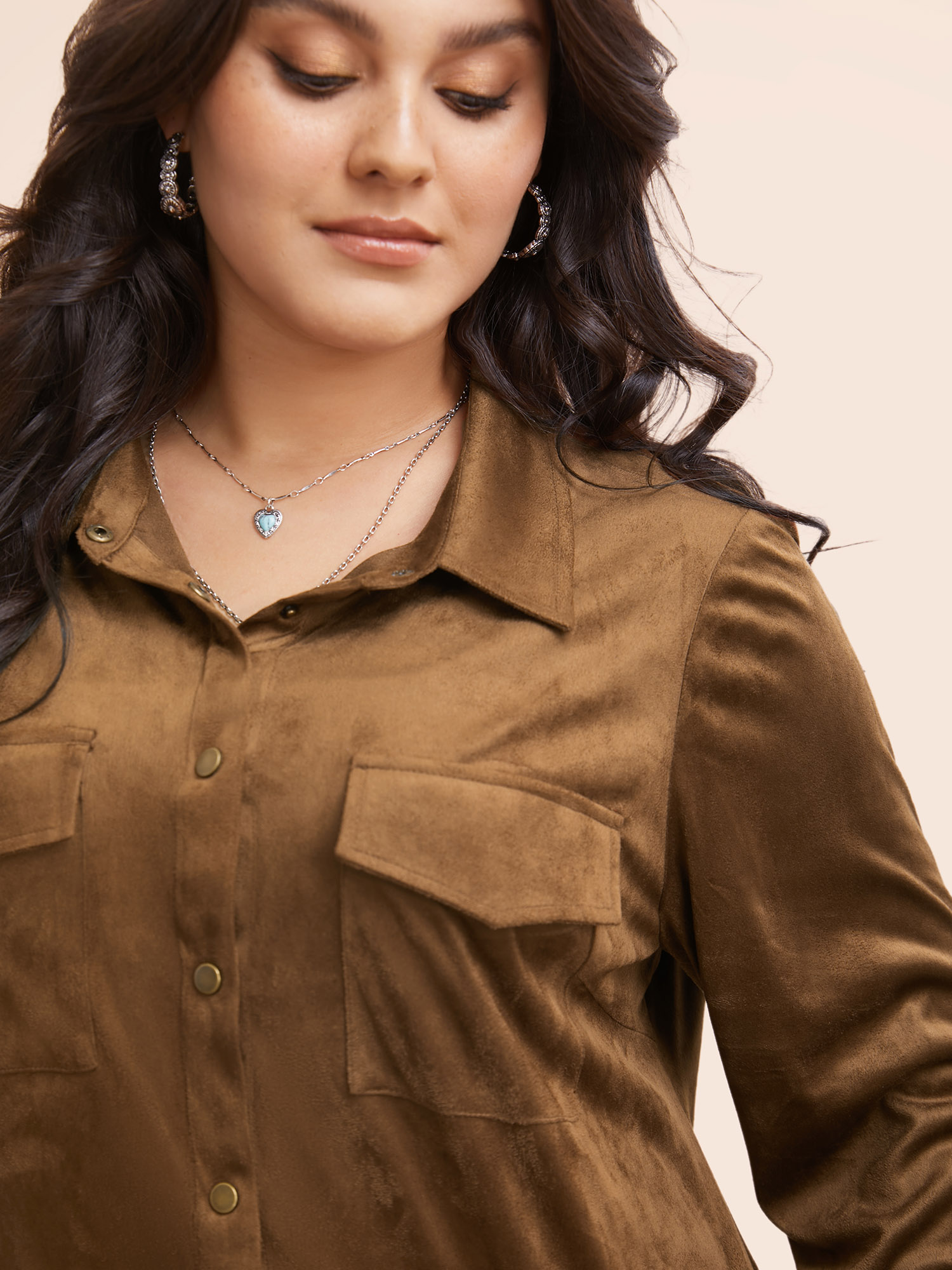 Plus Size Browncoffeecolor Stretchy Suede Pockets Slim-Fit Blouse Women Elegant Long Sleeve Shirt collar Everyday Blouses BloomChic 10/M 