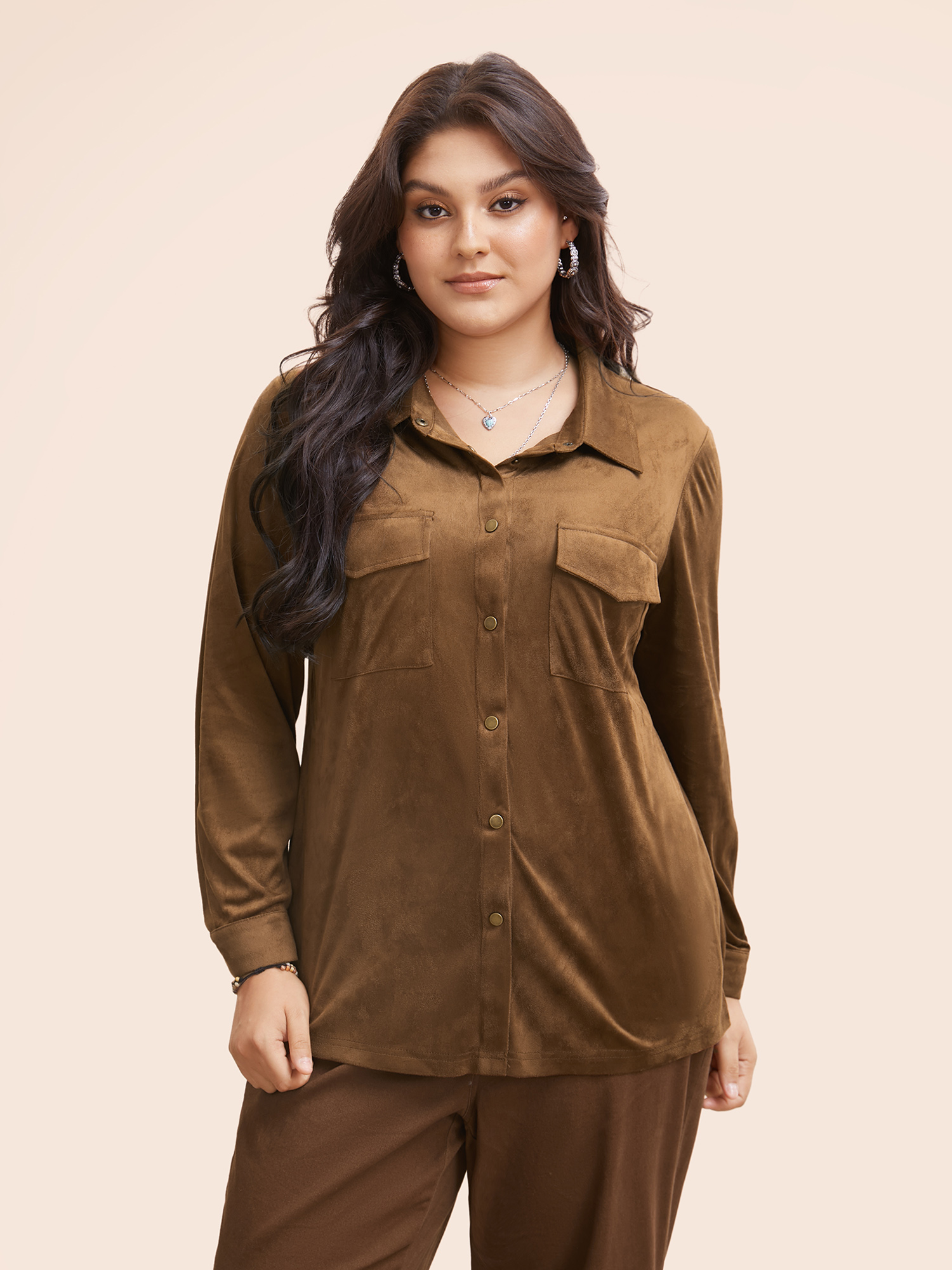 Plus Size Browncoffeecolor Stretchy Suede Pockets Slim-Fit Blouse Women Elegant Long Sleeve Shirt collar Everyday Blouses BloomChic 10/M 