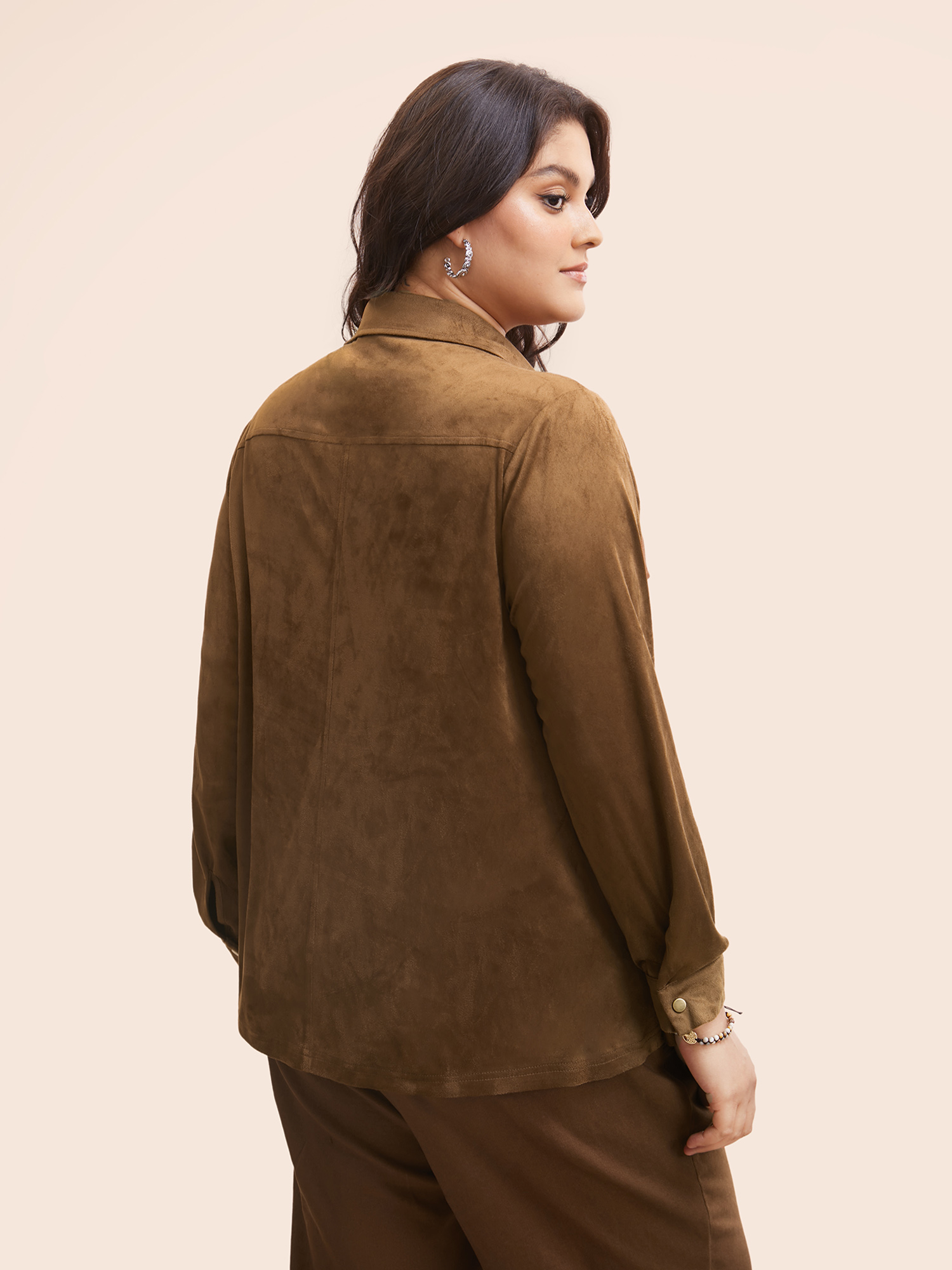 Plus Size Browncoffeecolor Stretchy Suede Pockets Slim-Fit Blouse Women Elegant Long Sleeve Shirt collar Everyday Blouses BloomChic 10/M 