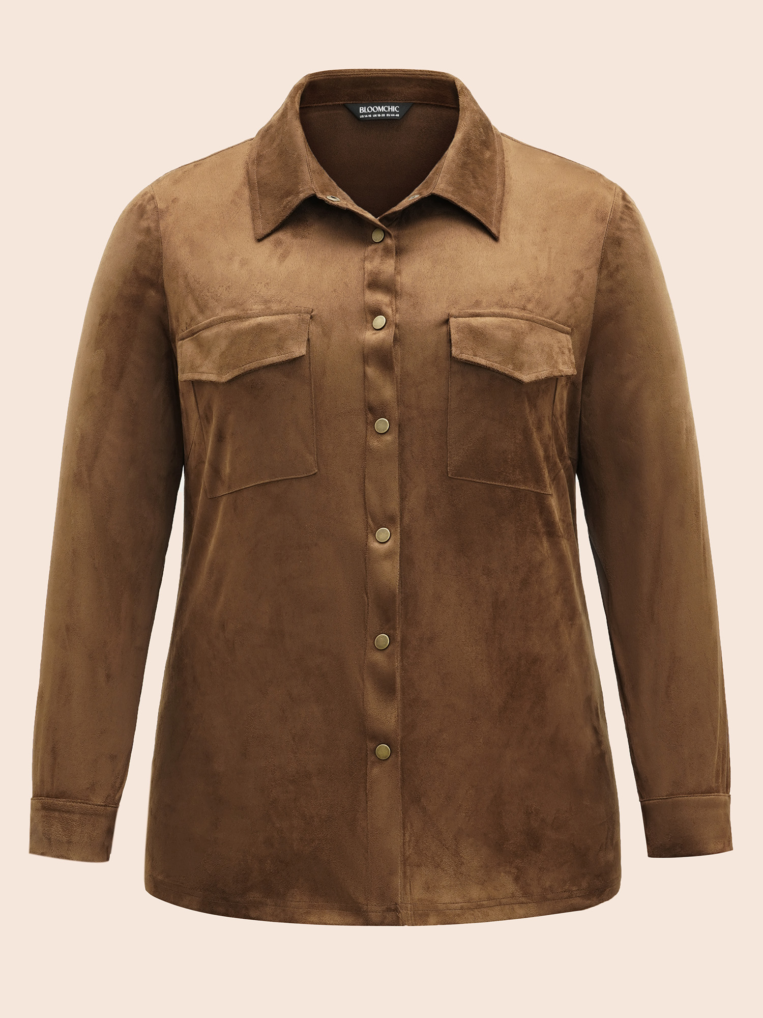 Plus Size Browncoffeecolor Stretchy Suede Pockets Slim-Fit Blouse Women Elegant Long Sleeve Shirt collar Everyday Blouses BloomChic 10/M 