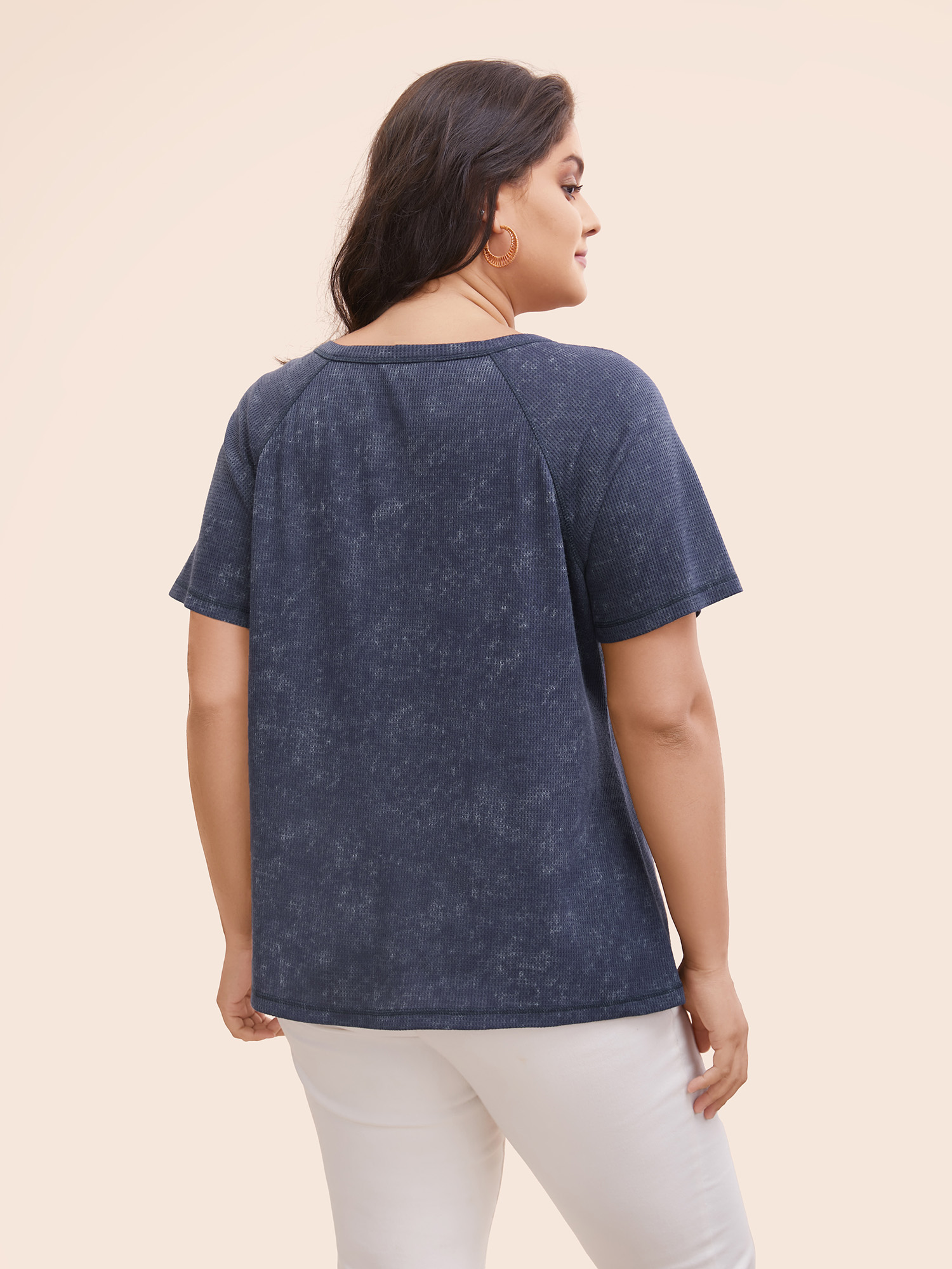 

Plus Size Waffle Weathering Front Placket T-shirt Indigo Women Casual Button Round Neck Everyday T-shirts BloomChic